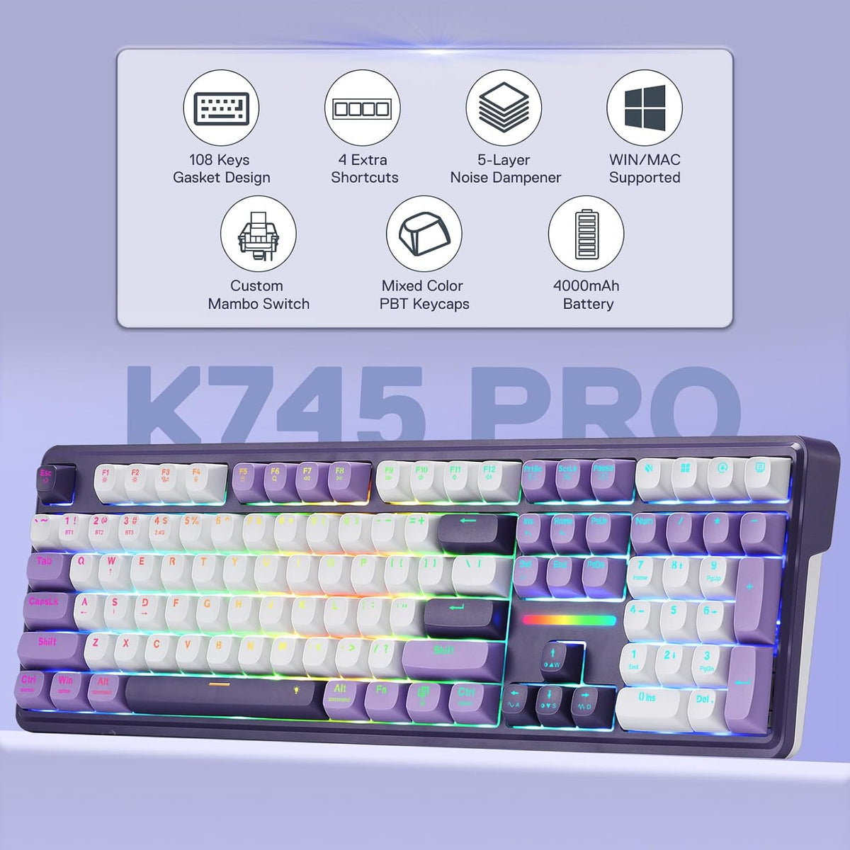 Redragon K745 PRO Wireless 108-Key Gasket RGB Gaming Keyboard, 4 Hotkeys | Extra Shortcut Keys, 0-Delay Tri-Mode, Cushioned Noise Dampening for Creamy Thocky Sound, Unfaded PBT Keycaps, PRO Software