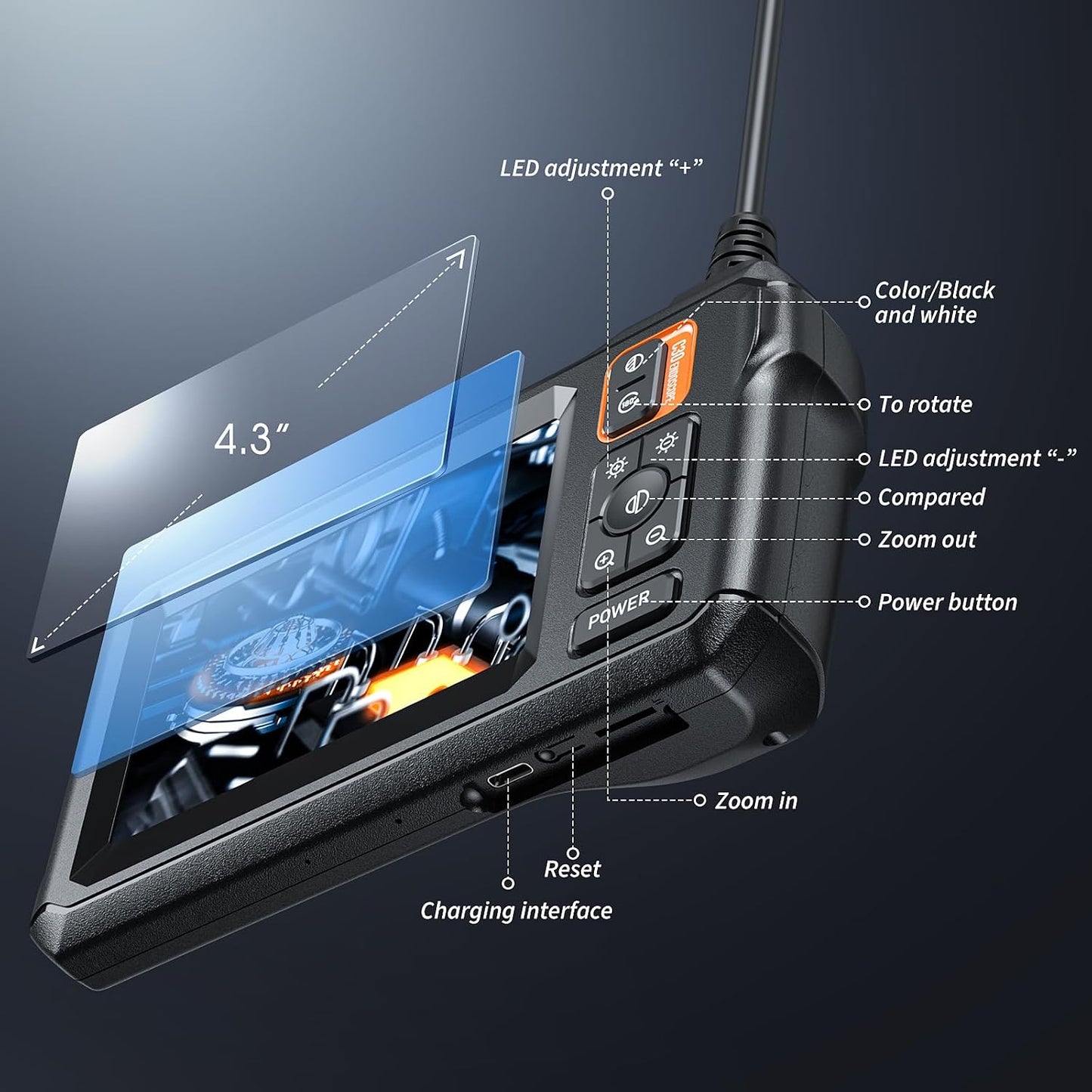 Endoscope Camera with Light, Inspection Borescope Camera with 4.3" IPS Screen, 1920P HD with 8 LED Lights, 16.6FT Semi-Rigid Cord Bore Scope, IP67 Waterproof Endoscope for Sewer, Tools(Orange)