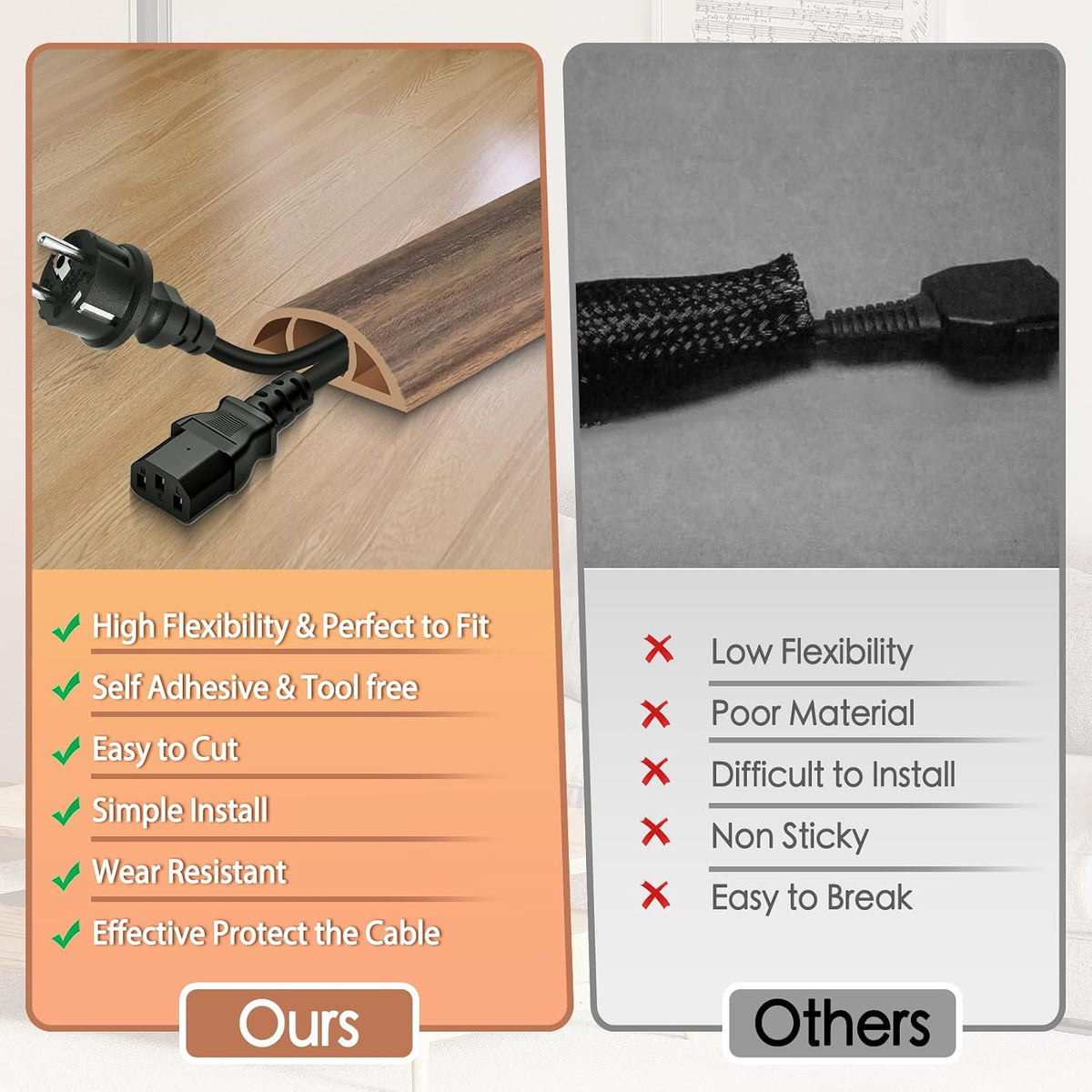 Floor Cord Cover for Wires on Floor Self Adhesive Cord Hider | Floor Cable Cover Floor Wire Covers for Cords Prevent Cable Trips, Cord Cavity W 0.47" x H 0.27", Misty Brown Wood, 3.3Ft