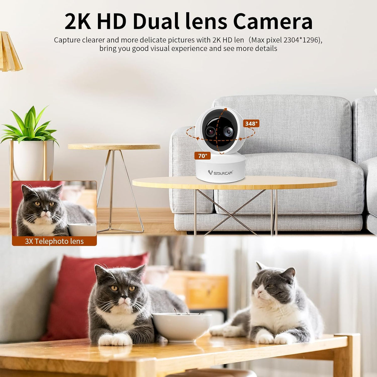 VSTARCAM 2K HD Pet Camera with Phone App, Indoor Camera for Home Night Vision, 2-Way Audio, Motion Detection, 2.4G WiFi Dual Monitor, 7/24 Recording, Cloud/SD Card Storage