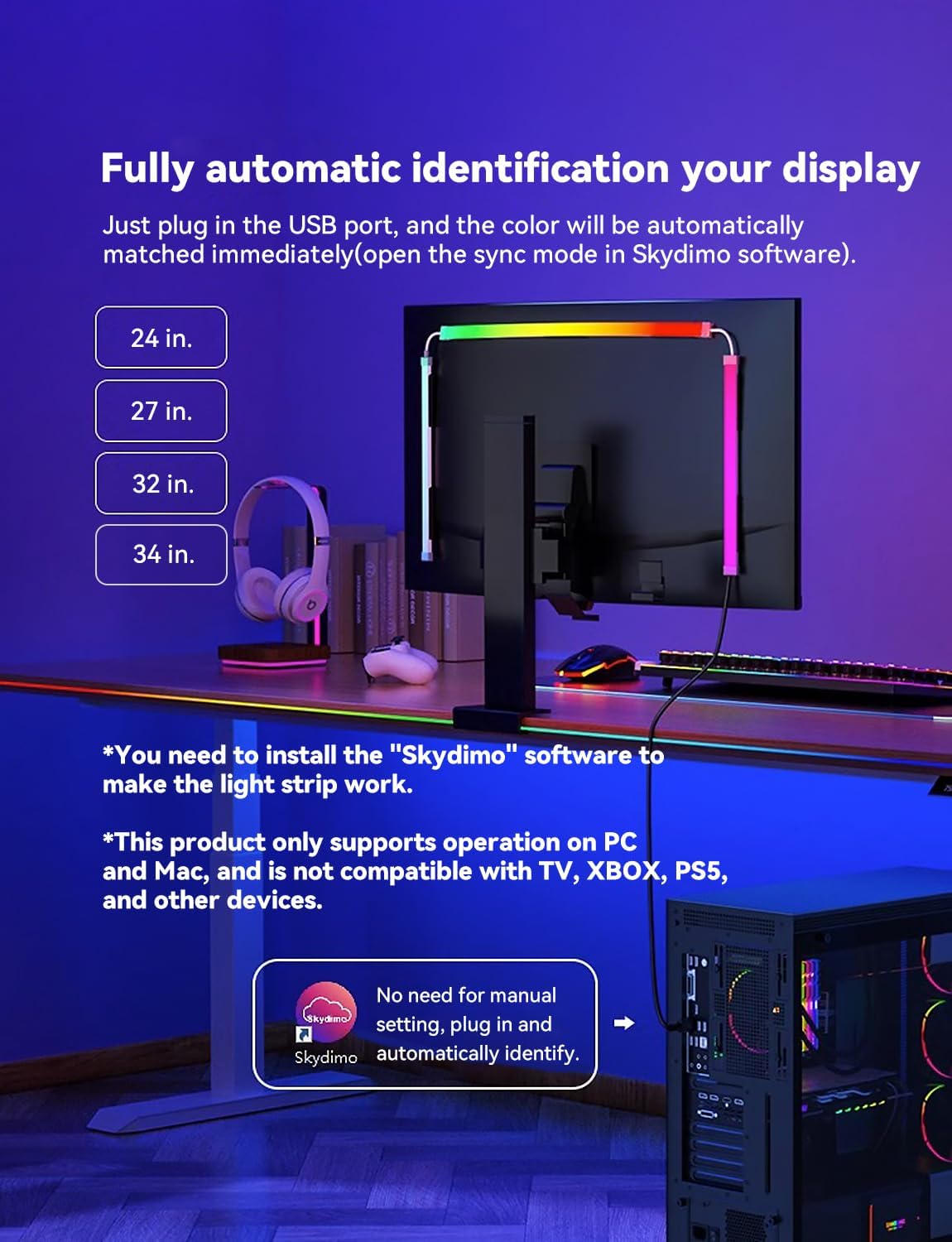 G100 LED Monitor Backlights for PC & Mac, LED Strip Lights that Sync with Screen Color or Music, Computer Light Bar Behind Monitor, LEDs for Desk Gaming, USB Port, Software Control, 27 in