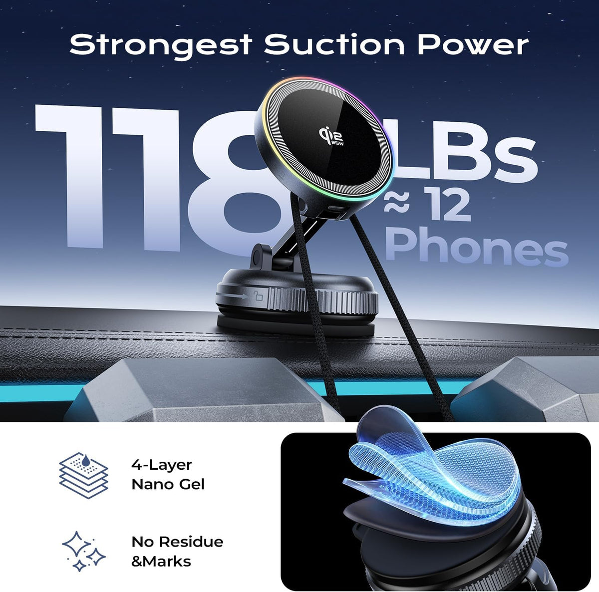 Qi2.2 Magnetic Car Mount Charger,25W Fast Wireless Charging Stand with RGB Light,360° Rotating Suction Phone Holder for Your Car,Compatible with iPhone 12-17,S26/S25