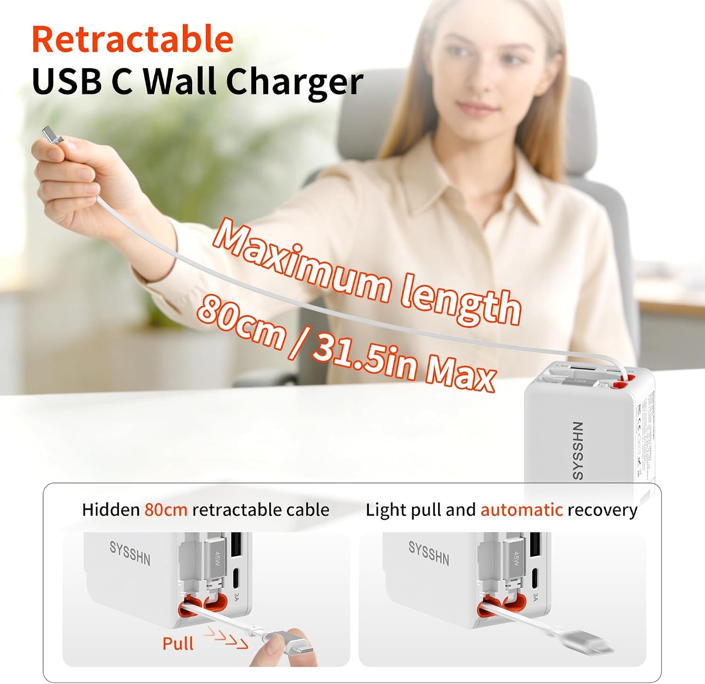 4-in-1 Retractable Wall Charger 45W USB C iPhone Charger with Dual Cables for Multiple Devices Foldable Plug Charger Block for iPhone 17/16/15/14/iPad/Galaxy/Pixel/AirPods