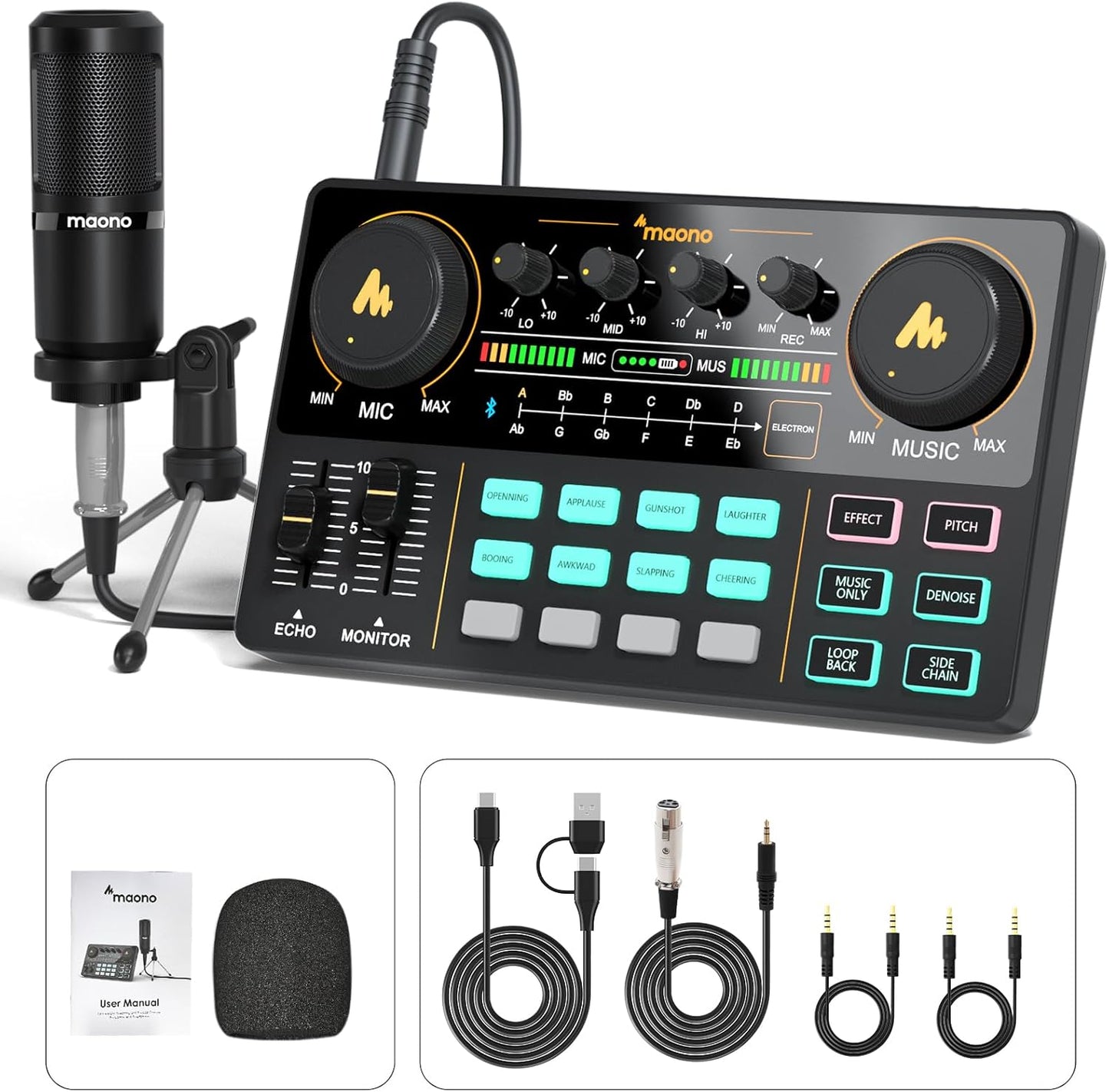 MAONO Podcast Equipment Bundle with Audio Mixer & 3.5mm Mic for Streaming | All-in-one audio production, PC and smartphone-compatible, 4 custom soundpads, for creators, home podcast setup AU-AM200-S1