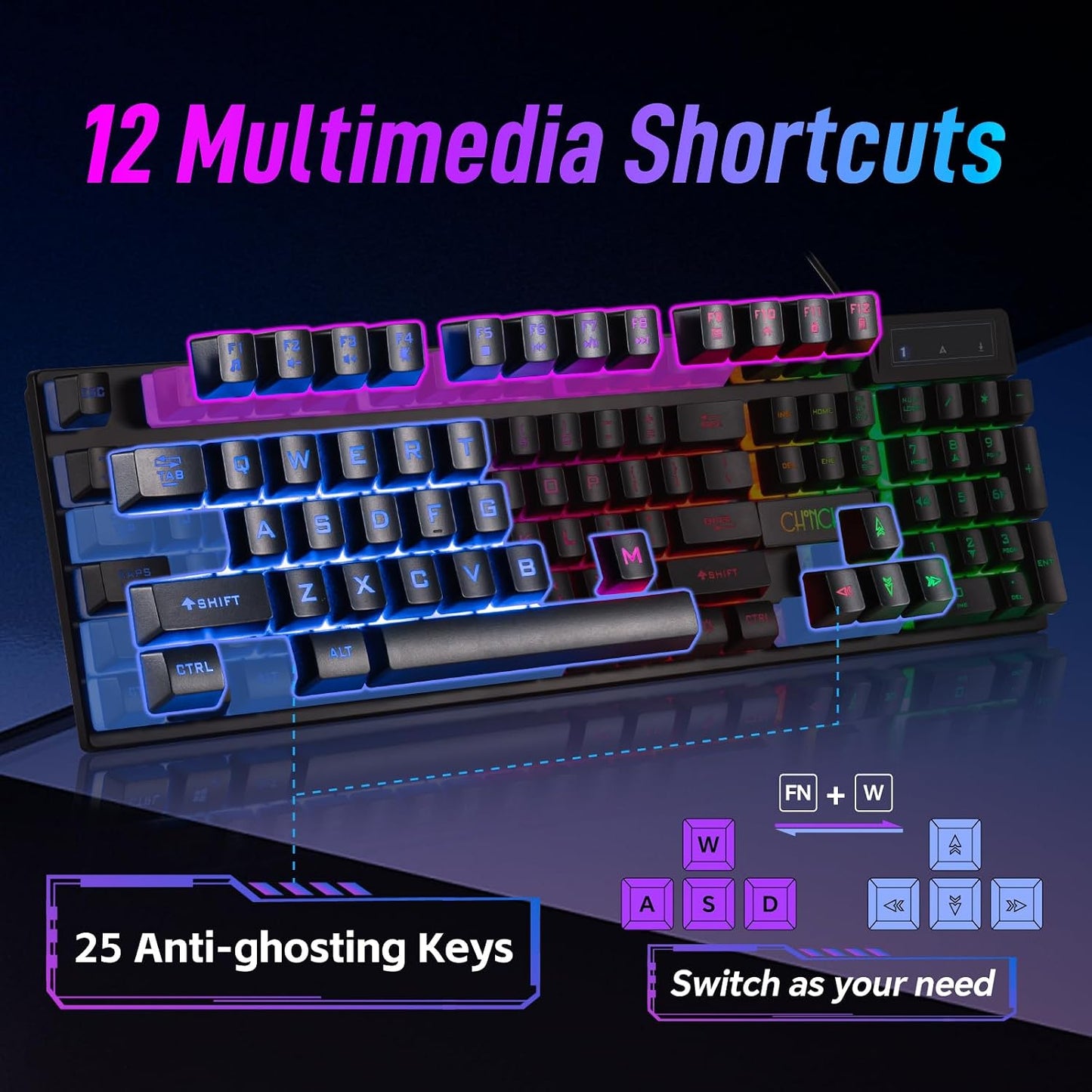 Wired Gaming Keyboard, 104 Keys Full Size, Light Up Keyboard for PC Mac Laptop Desktop