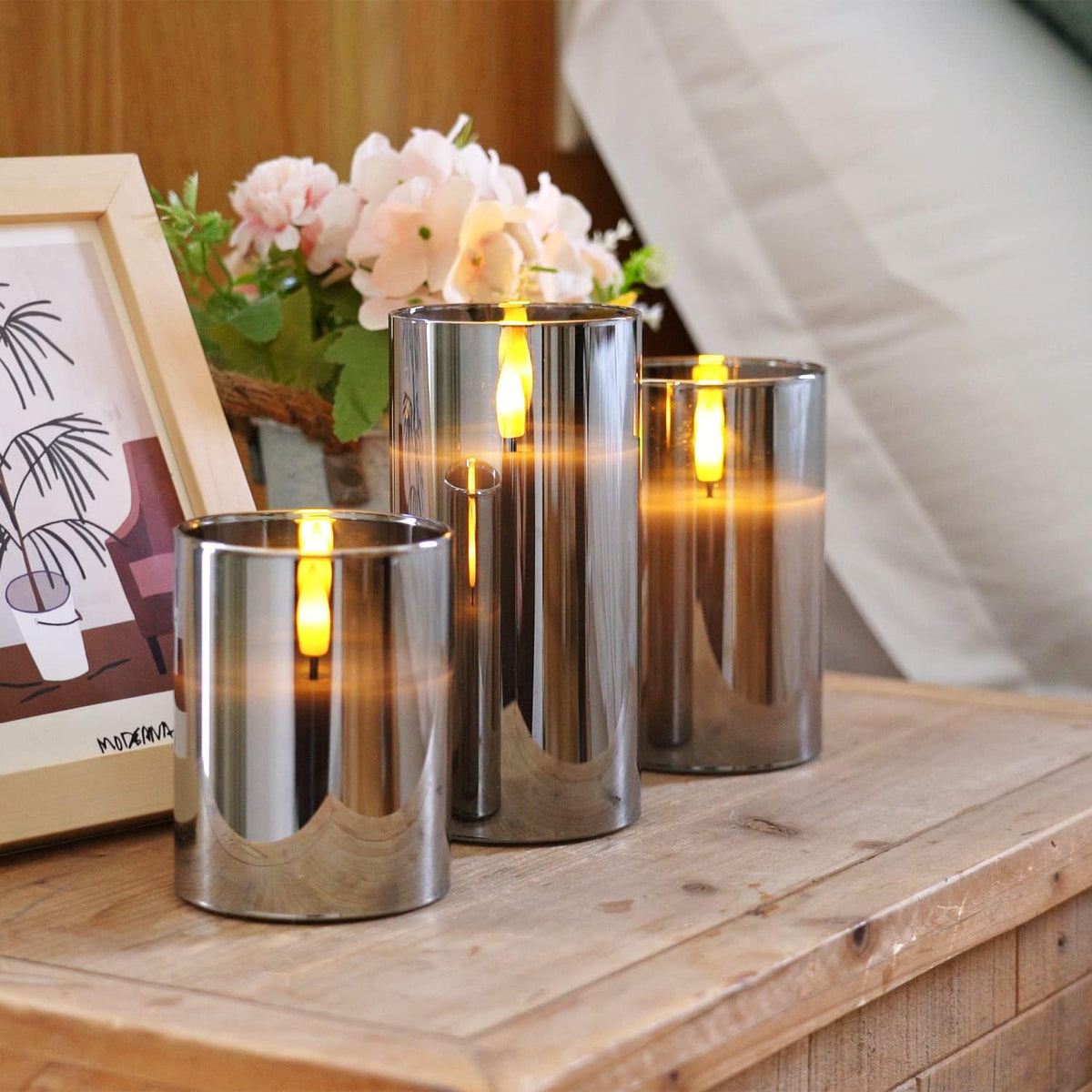 Homemory Grey Glass Flameless Candles, Real Wax, Remote Timer, 3 Pack | D3"xH4"5"6", battery operated flickering LED pillar c, les, Halloween centerpiece, mantel, dining table , home decor