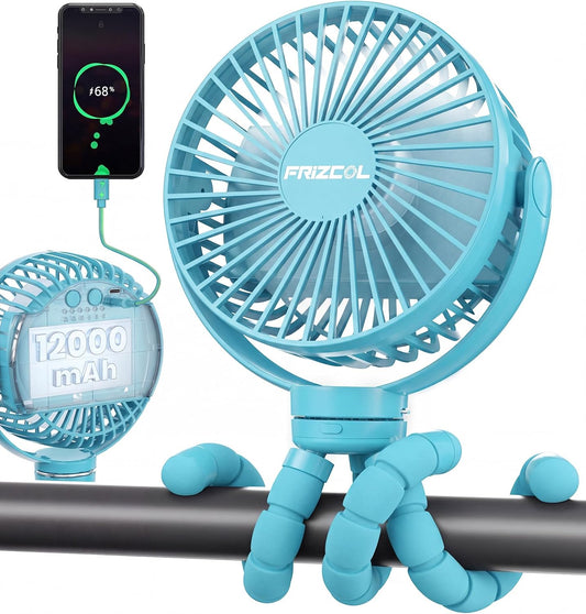 FRIZCOL Portable Stroller Fan, Use As Power Bank, 65H 12000mAh Battery Operated Fan Flexible Tripod Baby Car Seat Fans with Timming, Personal Mini Handheld/Desk/Small Clip On Fans For Stroller