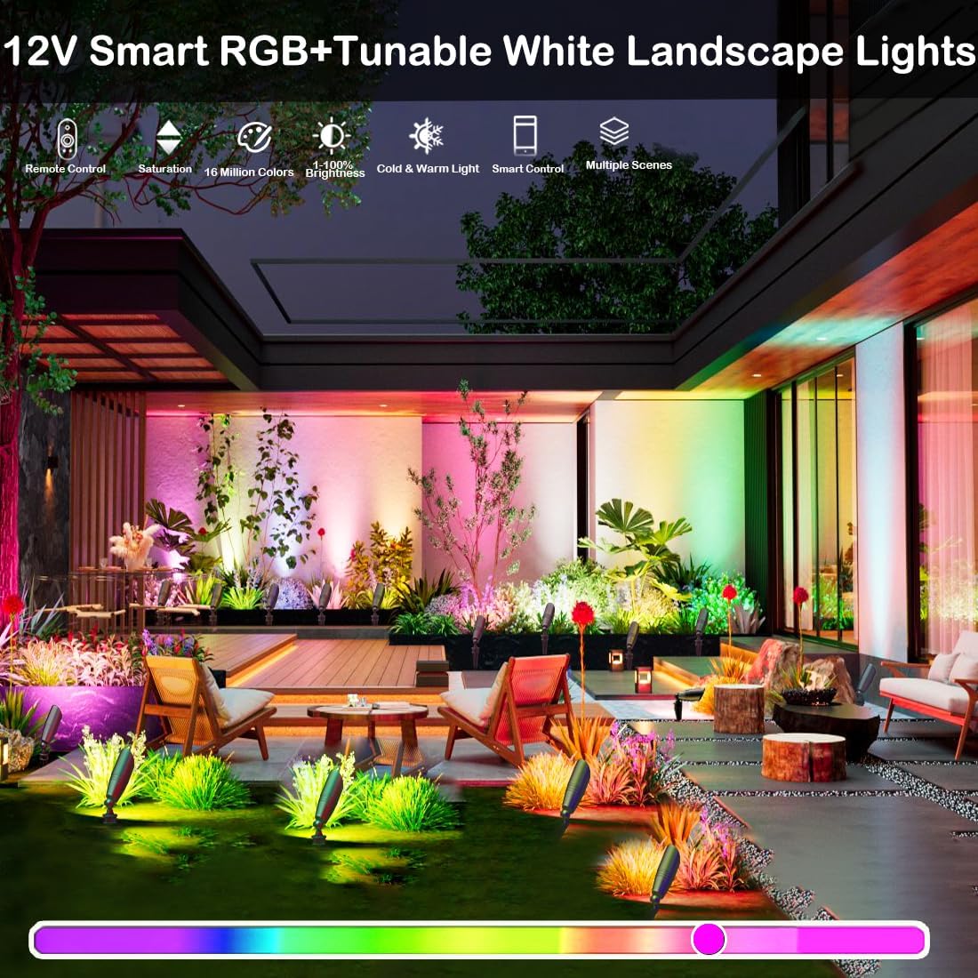 rosykite Smart RGB Low Voltage Landscape Lighting, 12V Color Changing Outdoor Spot Lights, Waterproof IP65 LED Garden Lights with App Control, Warm White to Multicolor, Uplight for Driveway (4Pack)