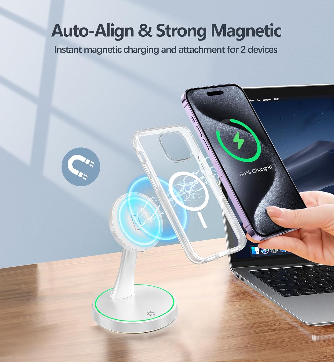 Magnetic Wireless Charger Stand 15W Fast Mag-Safe Charger for iPhone 17 /17 pro/ 17 Air/ 17 pro max 16/15/14/13/12 Series Magnet Wireless Charging Station/Pad with Sleep-Friendly Light for AirPods