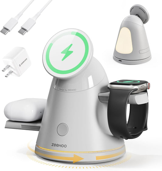 ZEEHOO 3 in 1 Charging Station for Apple Devices, Mag-Safe Charger Stand&Light,Fast Wireless Charging Station for iPhone 17/16/15/14/13/12&AirPods&iWatch&Pixel 10& Samsung Galaxy Watch-30W Adapter