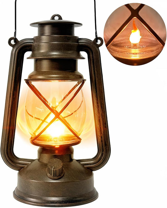 Vintage Lantern LED Outdoor Battery Powered Lanterns with Dancing Flame Wick Waterproof Camping Lamp Non-Solar Hanging Lantern Lights Landscape Decor for Indoor/Outdoor Use- Bronze Color