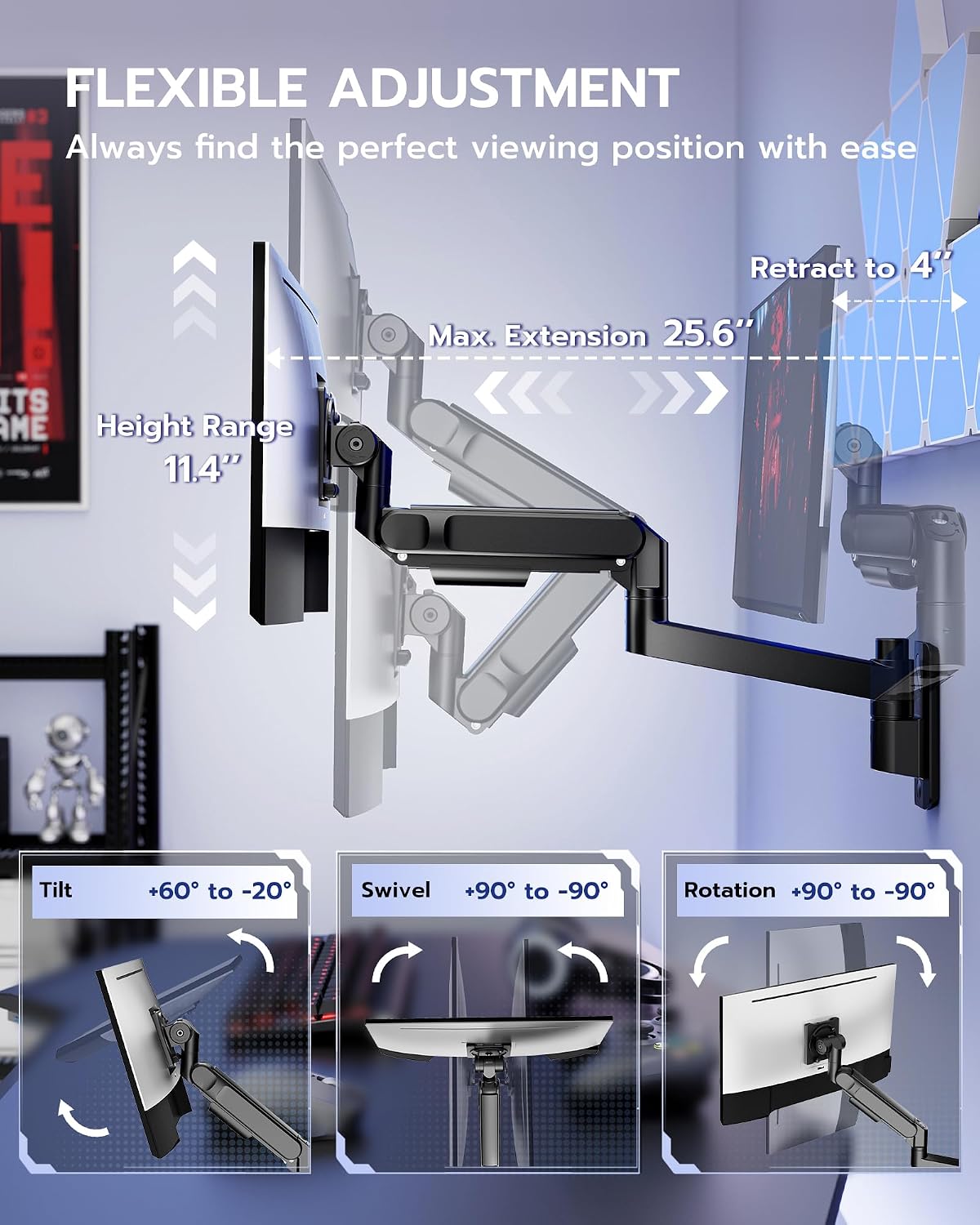 ARES WING Monitor Wall Mount for 24-57 Inch Ultrawide Screen, Black | Premium Heavy Duty Gaming Monitor Arm for 60 lbs, Full Motion Gas Spring, Bearing Head for Easy Adjustment, 75/100 VESA Mount