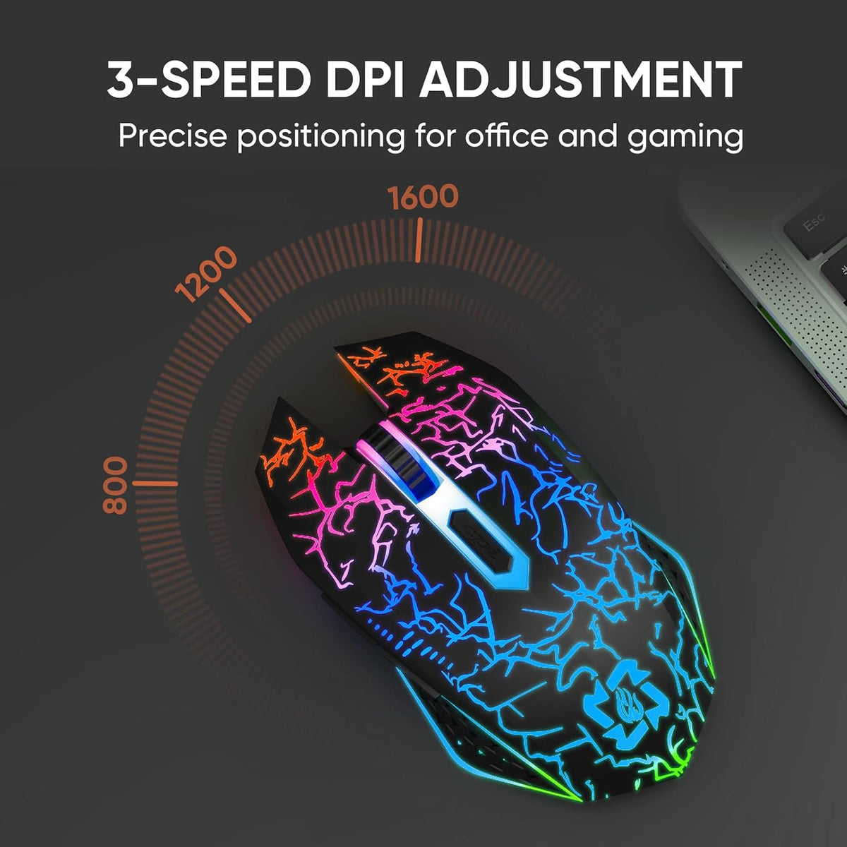 MELOGAGA Wireless Bluetooth Gaming Mouse, RGB Rechargeable, Silent, Black | Dual-Mode Bluetooth & 2.4G, Rechargeable Battery, RGB Lighting, Silent Click, 3 DPI Levels for PC Laptop Desktop Mac
