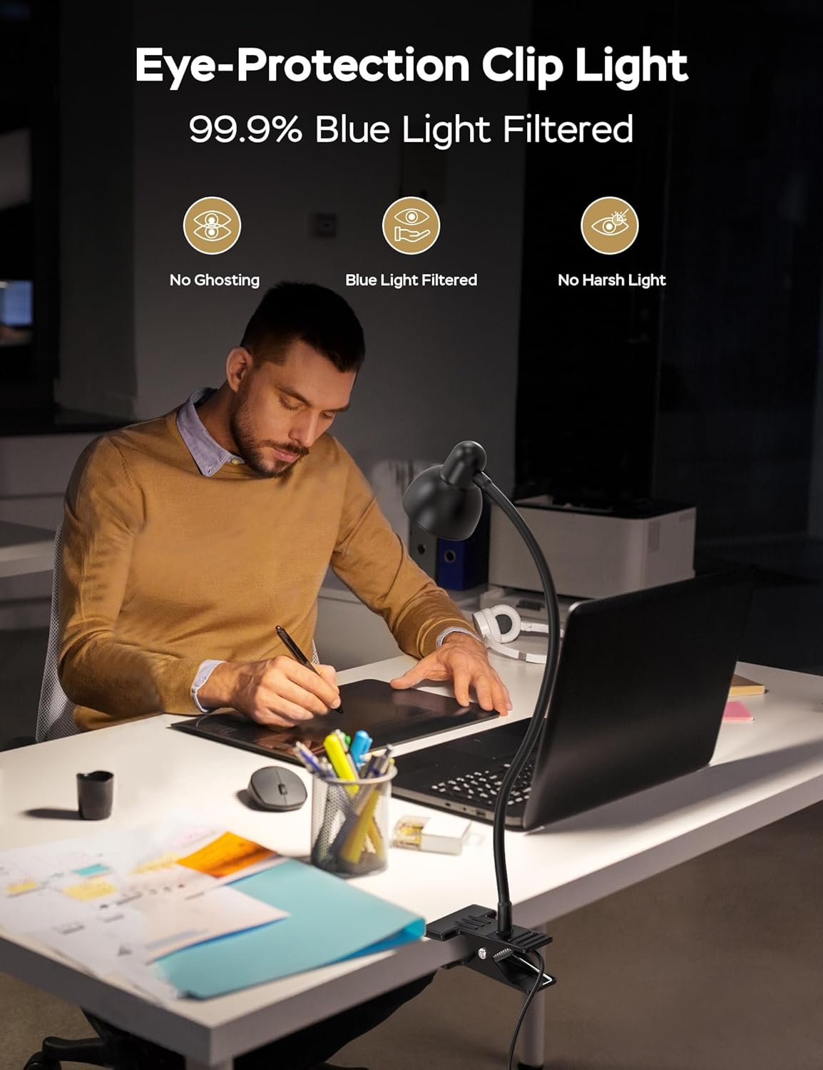 LiFMIRA Clip-on Reading Light - 3 Color Modes, 10 Dimmable Brightness,Black | Eye Care Clamp Desk Lamp with Flexible Gooseneck for Reading in Bed, Desk, Headboard, Computer