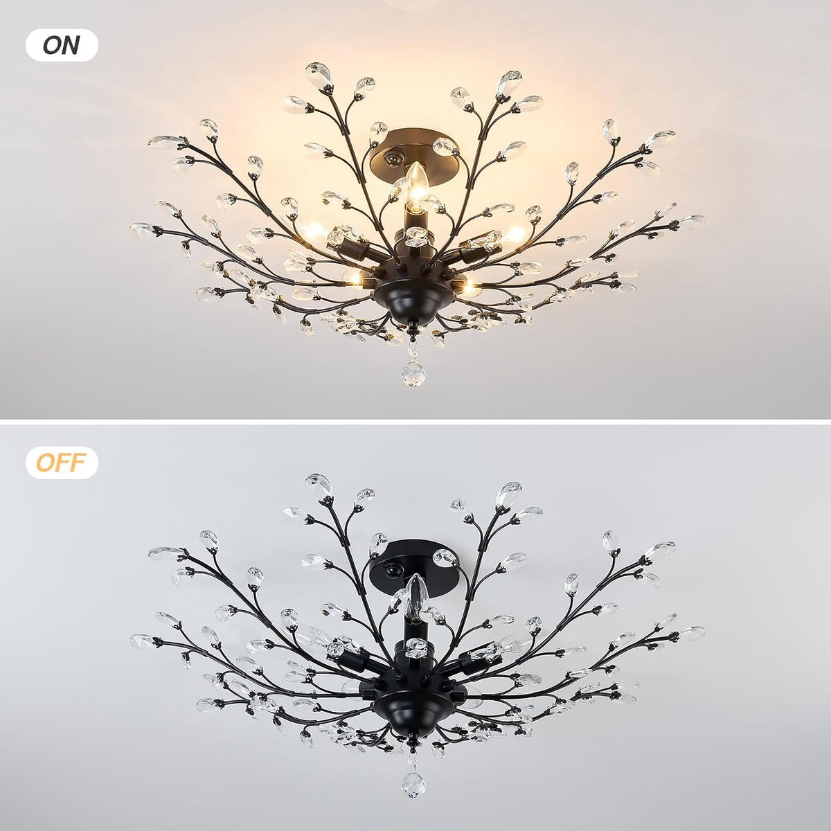 CVKASH Motion Sensor Crystal Chandelier Modern Black Semi Flush Mount Ceiling Light Fixture Vintage Small Chandelier Lighting for Kitchen Bedroom Living Room Dining Room Hallway Foyer