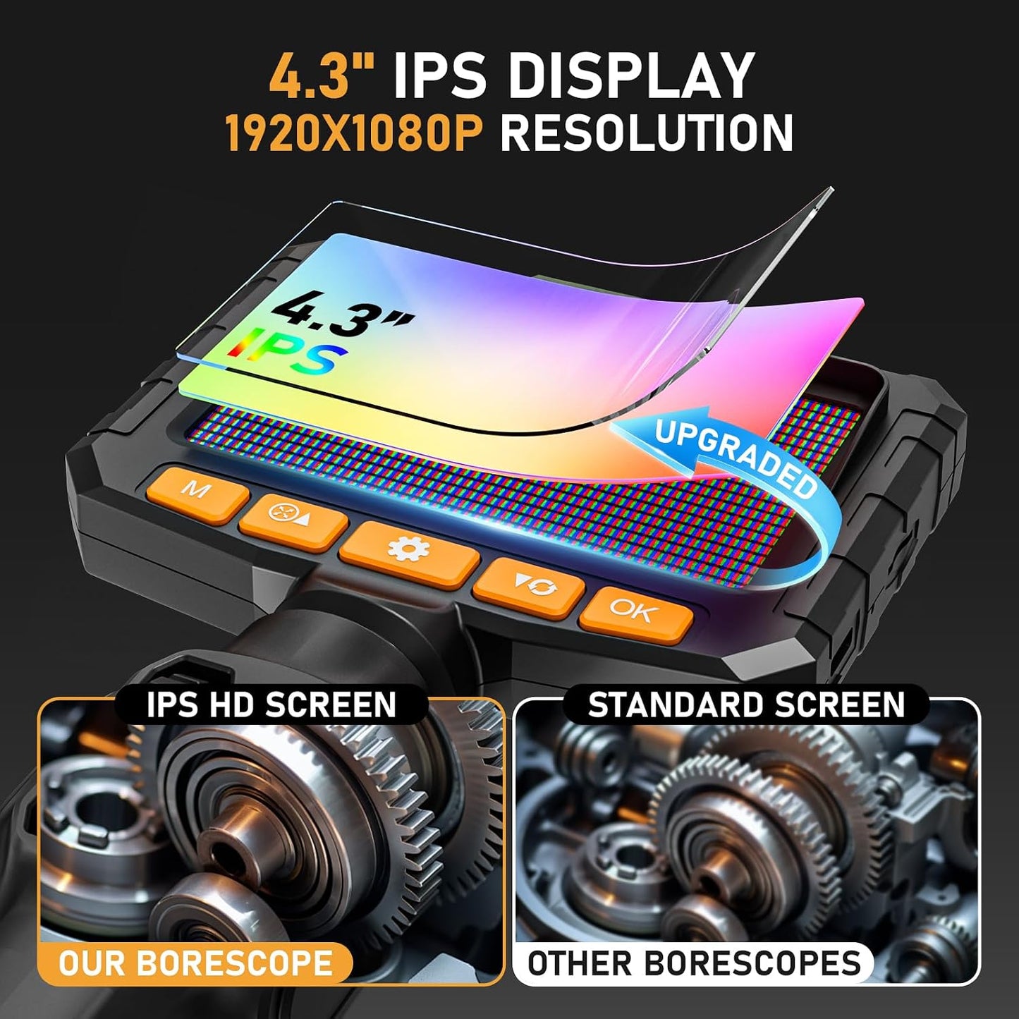 0.24in Two-Way Articulating Borescope, Endoscope Camera with Light | Industrial Inspection Camera, 5FT Flexible Semi-Rigid Cable, IP67 Waterproof, 4.3" IPS Screen, Automotive Engines & Plumbing