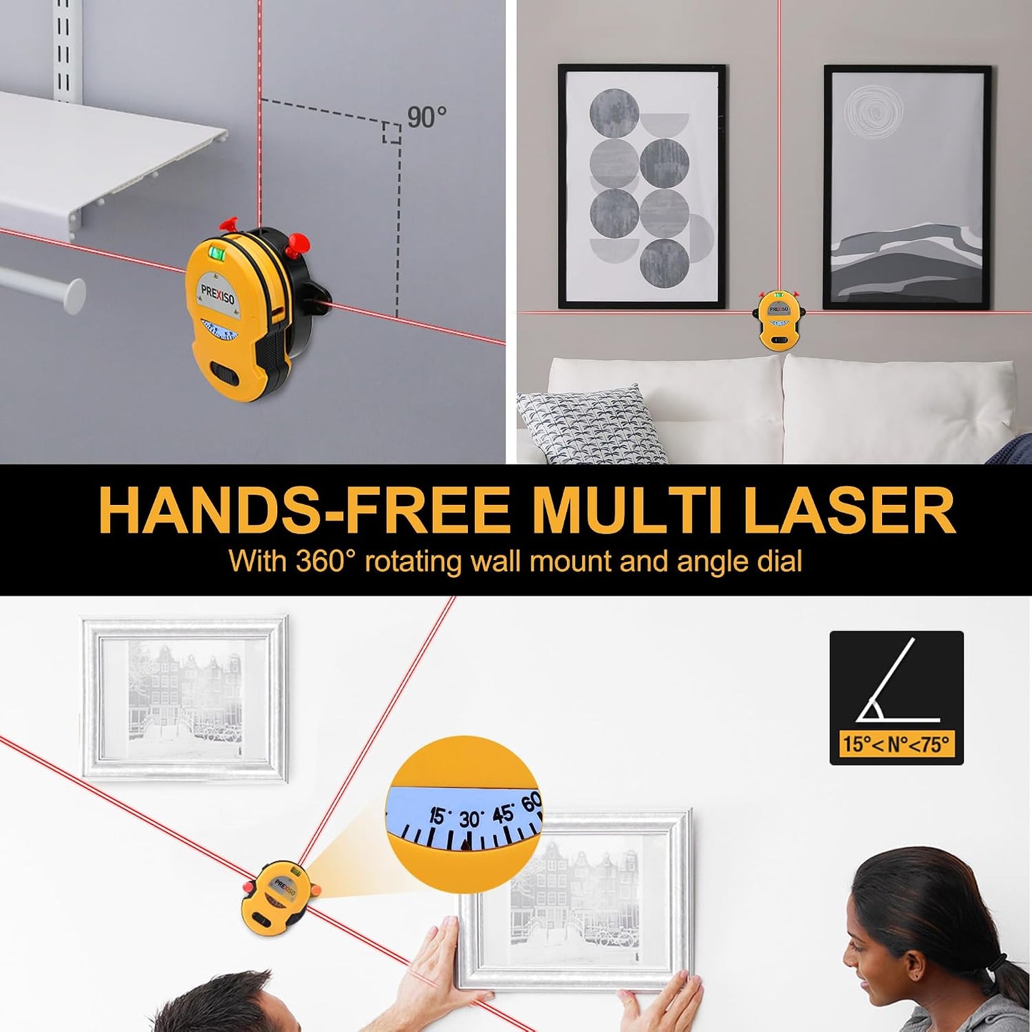 PREXISO Multi Surface Laser Level LED Light Vial, 30Ft Cross Line Laser | Clear Horizontal & Vertical Lines, Wall Mount, 2 Pins, 10 Sticker, 2 AA Batteries for Hanging Frames & Picture, Wall Marking