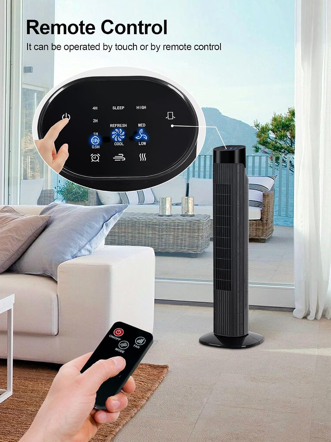 Uthfy 31 Inch Tower Fan for Bedroom, 120° Oscillating Quiet Standing Bladeless Fan With Remote, 7.5H Timer, 3 Speeds, 3 Modes, for Room, Dorm, Office, Matte Black