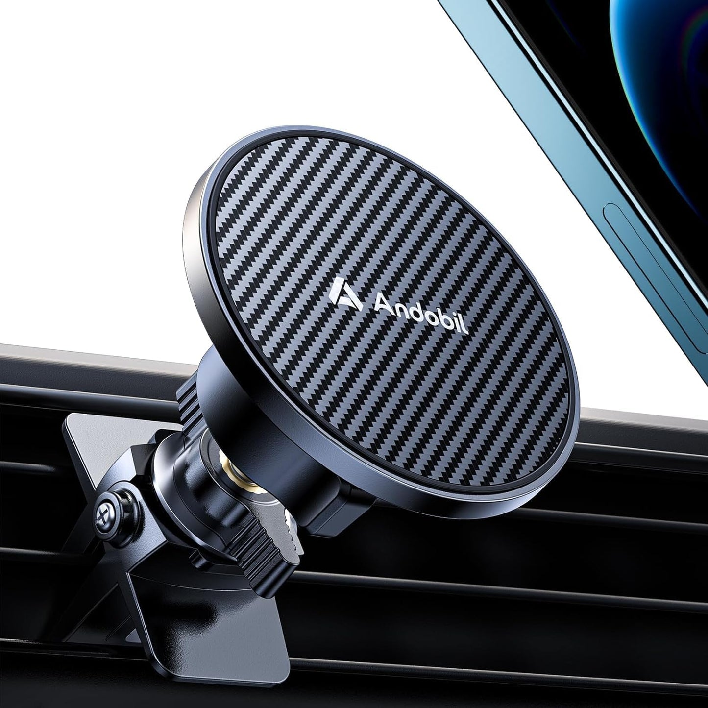 andobil for MagSafe Car Mount, Magnetic Air Vent Phone Mount, Black | 20XN55 Upgraded Strongest Magnet, Military-Grade Metal Clip, 360° Rotation, Carbon Fiber, for iPhone 16 / 15 / 14 / 13 Series