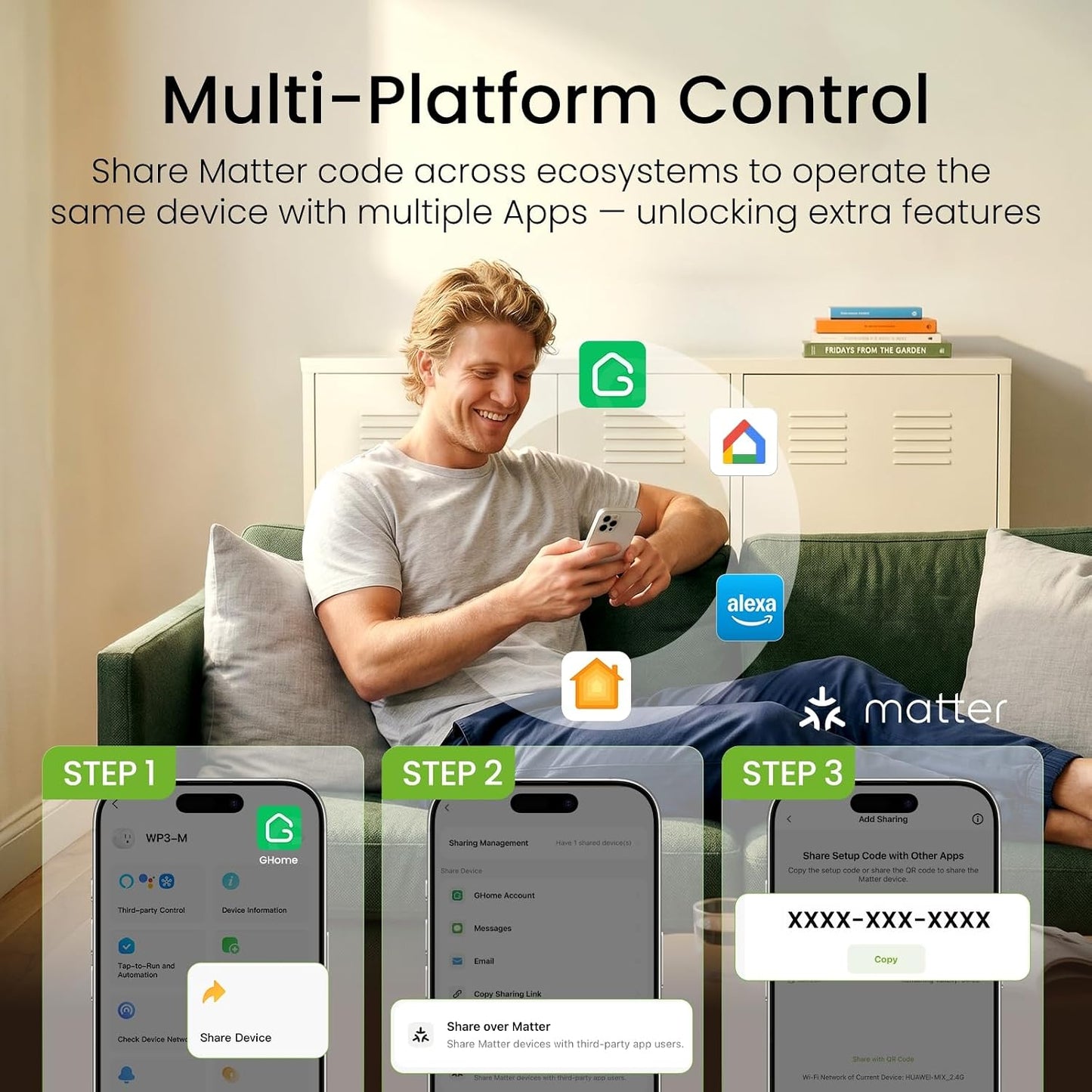 GHome Smart Plug Matter 15A, WiFi Smart Plugs Compatible with Alexa, Apple Home, Siri, Google, SmartThings, Smart Outlet Timer with APP Remote Control, 2.4GHz Wi-Fi Only, ETL FCC Listed