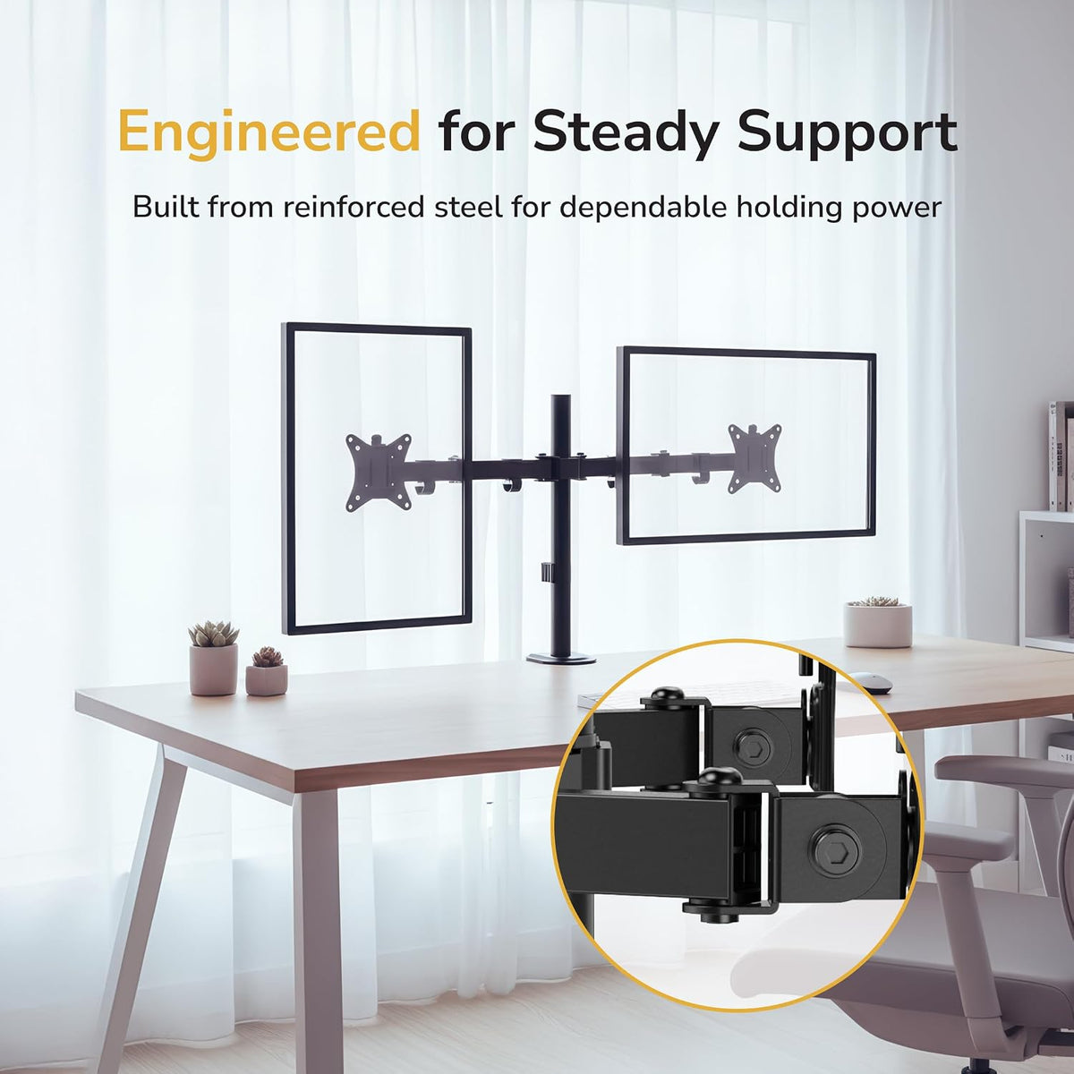 Mount-It Dual Monitor Arm, Heavy Duty Desk Mount for 2 Screens 13-32 in | Up to 19.8 lbs Each, Full Motion Tilt Swivel Rotate, VESA 75x75 100x100, Steel, Cable Management, C-Clamp or Grommet, Black