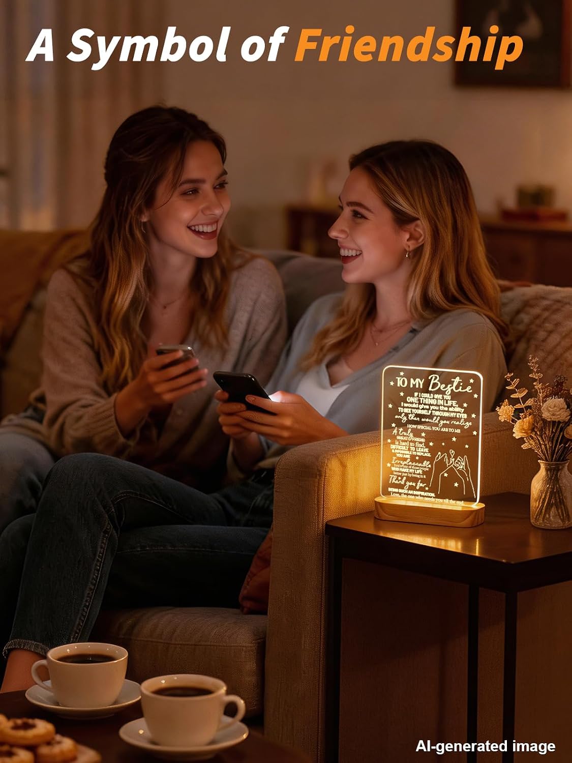 to My Bestie Gifts, Best Friend Gift for Women | Bestie Gift for Women Bestfriend Sister BFF Birthday Christmas Anniversary White Elephant, Soft Warm Color Wooden Table Lamp