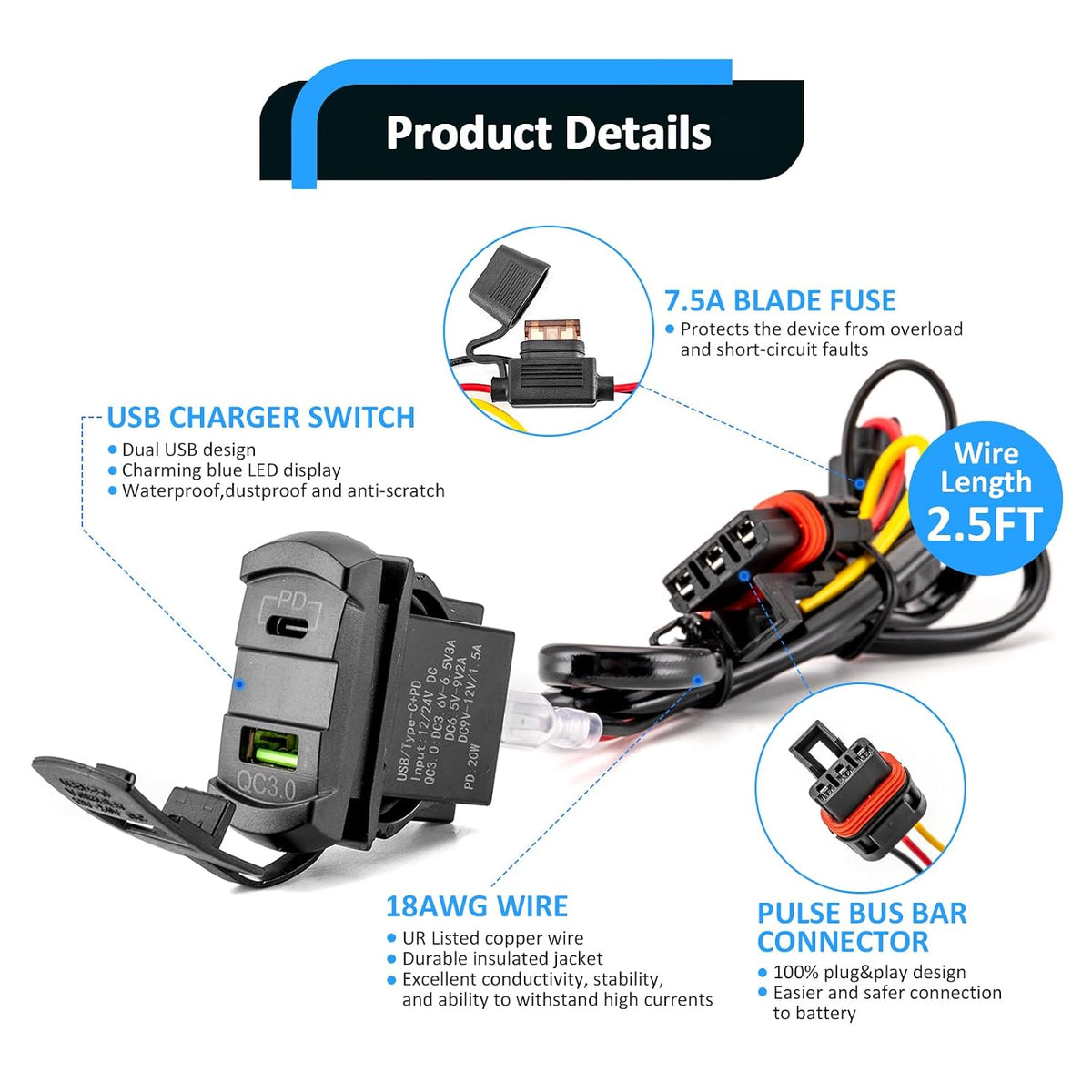 Wsays Dual USB Tpye C Rocker Plug & Play Switch Charger/Outlet 12v PD & QC 3.0 with LED Voltmeter Display Compatible with Polaris RZR Ranger General | Plug & Play Switch, 12v PD & QC 3.0 Dual Outlet with LED Voltmeter Display