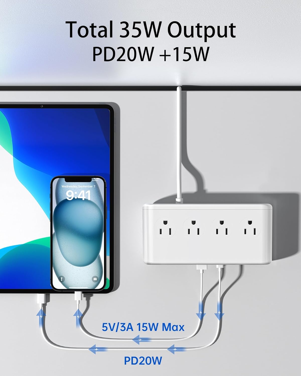 10-in-1 USB Charging Station with PD 20W Fast Charging, Surge Protector 6 USB Ports 4 AC Outlets 5ft Travel Power Strip with USB Ports Extension Cord for Home/Office/Travelling