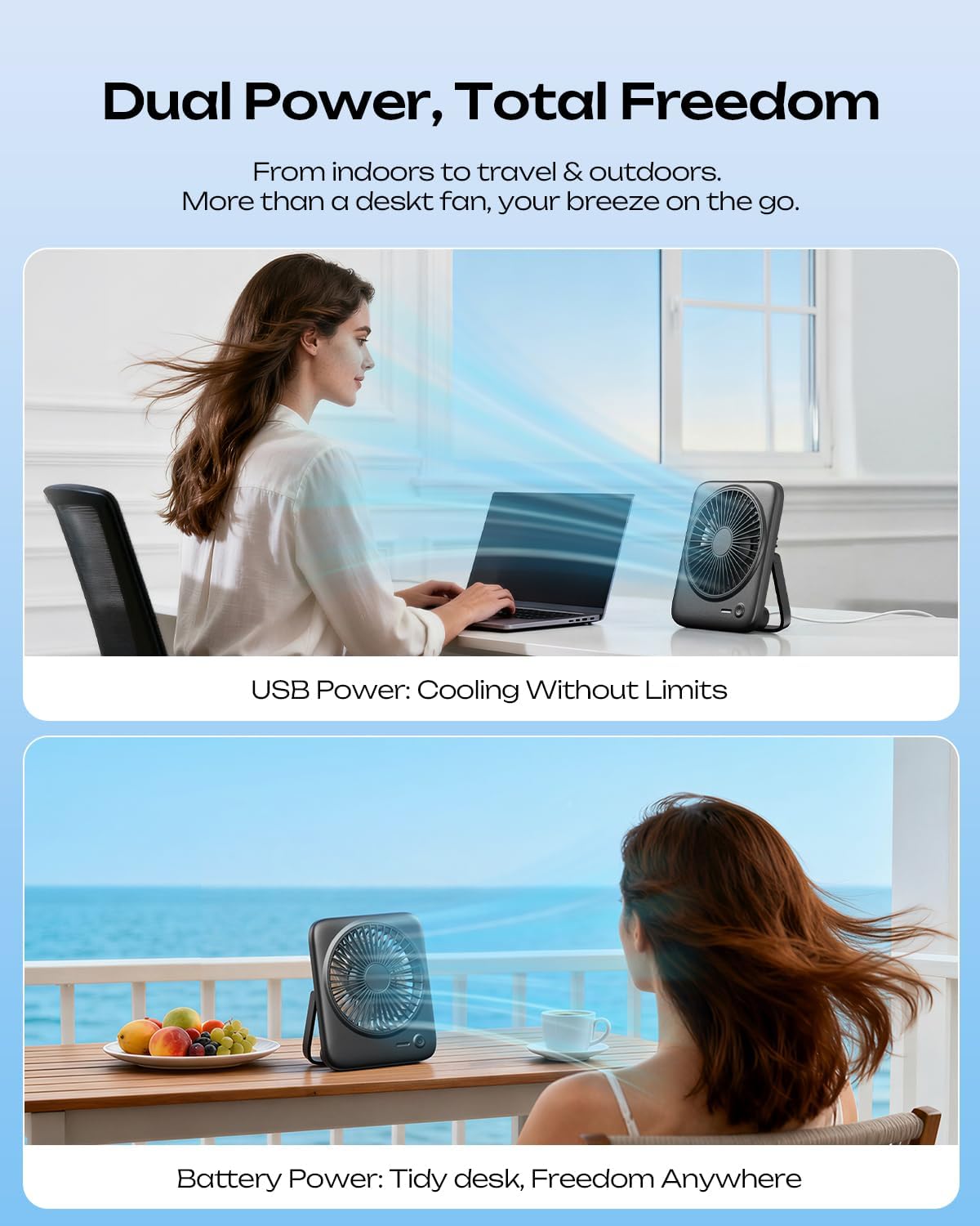Otlonpe Personal Portable Desk Fan 2 Pack, 4000mAh Small Rechargeable Portable Fan Battery Operated & USB Powered for Travel Sleeping Bedroom Office Home Table, Cordless, Quiet, 4-Speed, 6.5 Inch