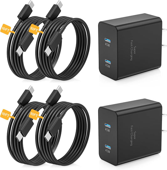Super Fast Charger Type C，2Pack Dual Port USB C Charger for Samsung Charger | 45W 4Packs 10FT USB C Cable - PD 3.0 Quick Charging for Samsung Galaxy S26 Ultra/S26/S26+/S25 Ultra/S25+/S24+/S24/S23 Ultra