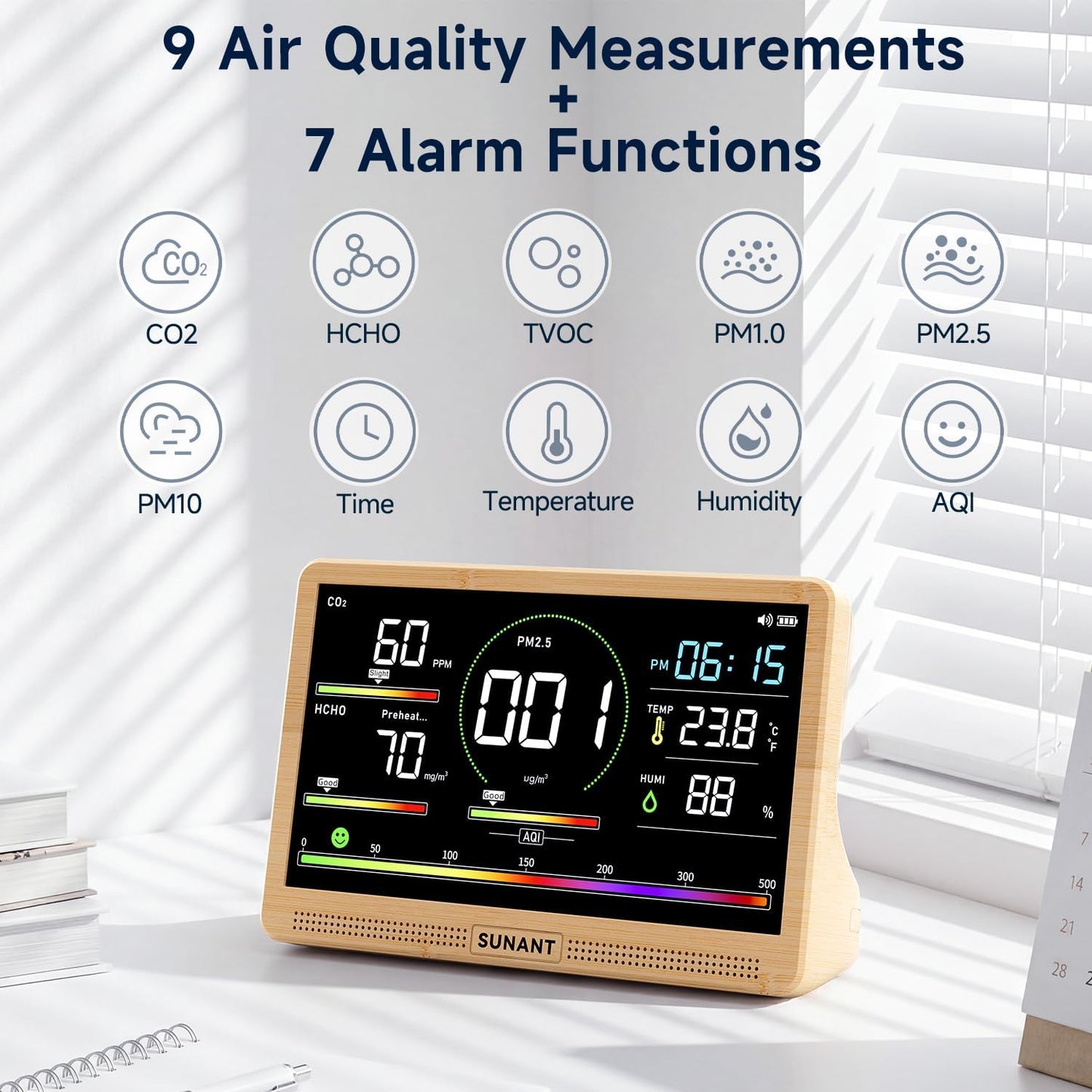 16-in-1 Air Quality Monitor Indoor, 7' Smart Large Display 9 AQI+7 Alarm Alerts, Real Time CO2, Formaldehyde, TVOC, PM2.5, PM10, Temperature & Humidity Portable Battery Powered Tester for Home, Office