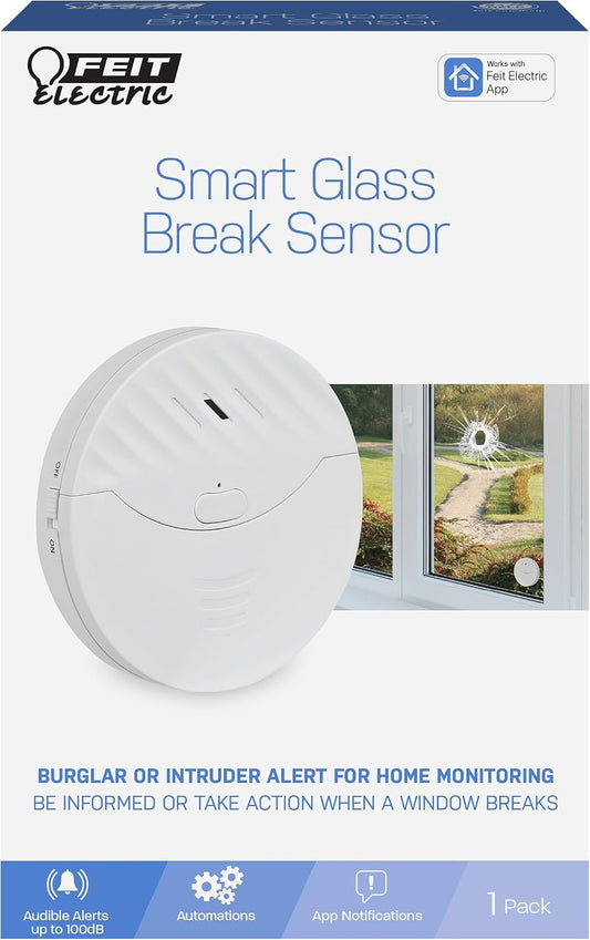 Feit Electric Smart Wi-Fi Glass Break Sensor with Audible Alarm, Wireless, 24/7 Home Security System with Mobile App Notification, Battery Operated, No Hub Required, Indoor Use Only, GLASSBREAK/WiFi