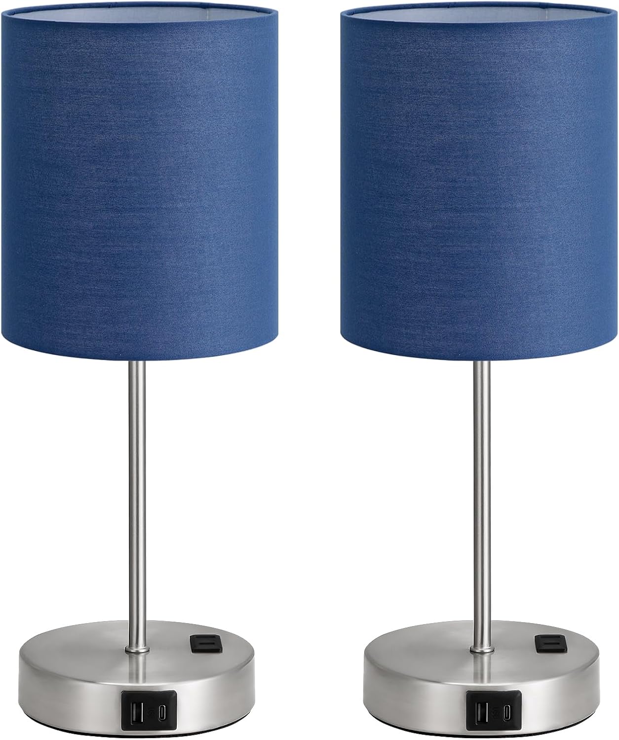 Touch Lamps for Bedroom Set of 2 - Dimmable, USB C+A, AC Outlet | Large 17.6" Tall Lamp, 3-Way Dimming, 5000K Daylight Bulbs, Navy Blue Lampshade Silver Base, Decor for Living Room, Boys, Men