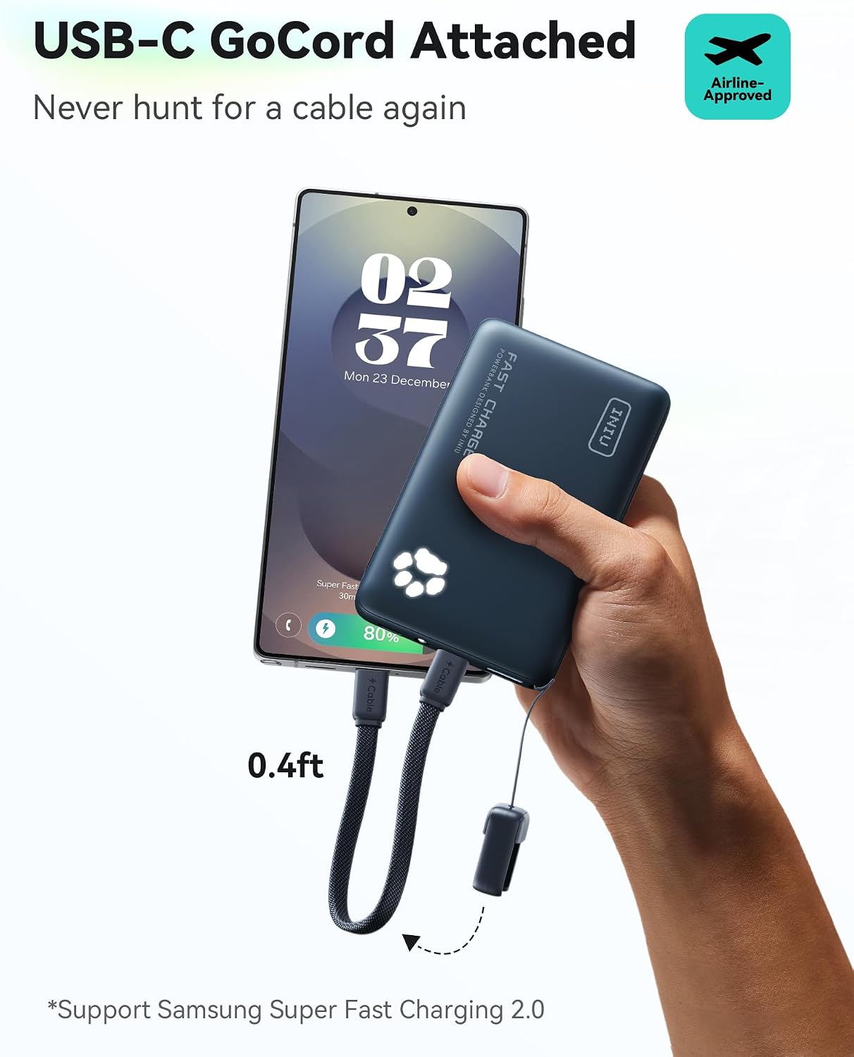 INIU 45W Fast Charging Portable Charger, Smaller 10000mAh Travel Power Bank | Flight-Safe, Detachable USB C Cable, Travel Essential, External Battery Phone Pack for iPhone 17 Samsung S26 iPad etc, Blue