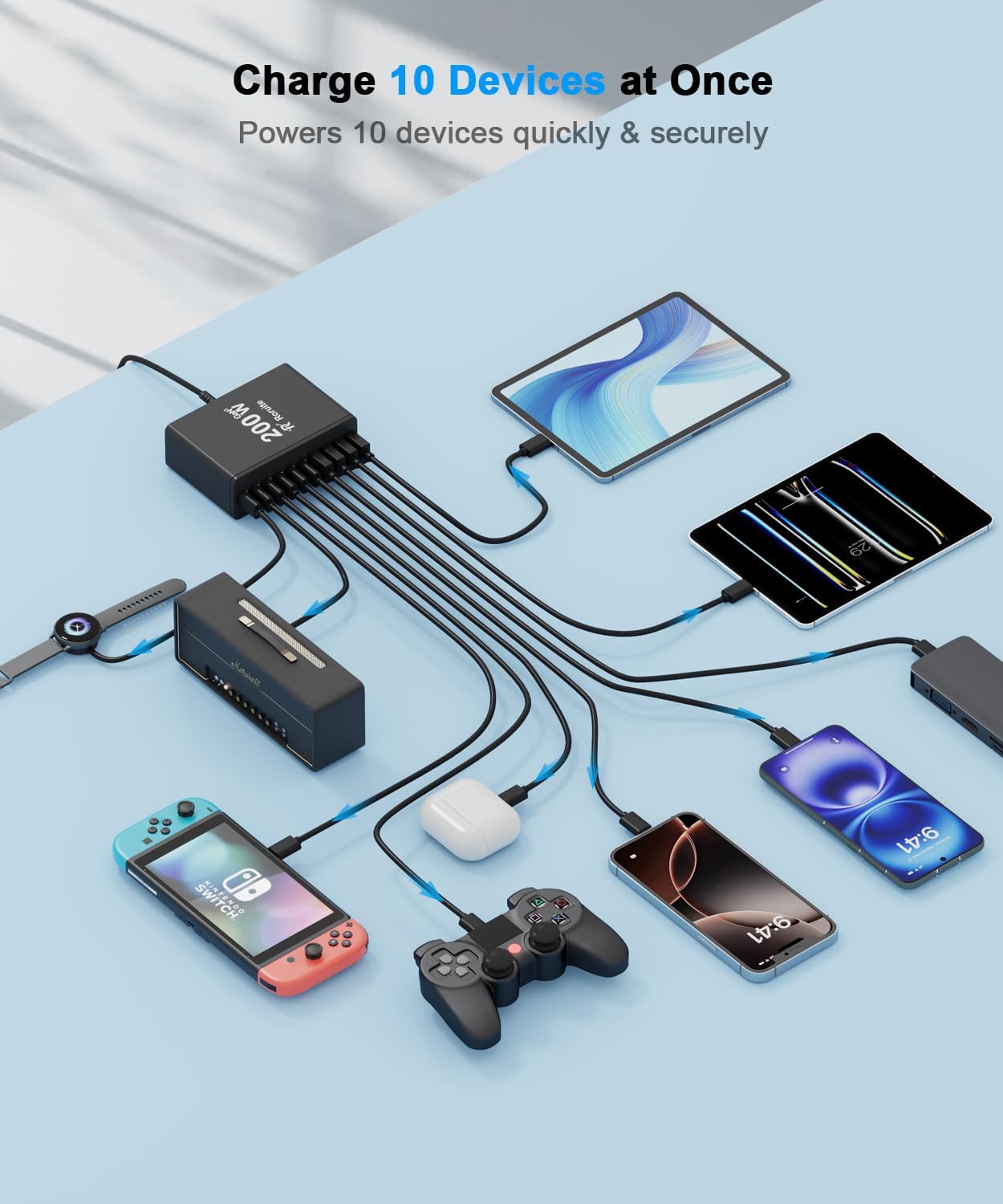 USB C Charging Station 10 Port with 4 Cables,200W GaN Type C Charger Block | Wall Charger Power Strip Adapter Plug for iPad iPhone17 16 15 14 13 12 Pro Max Pixel Note Galaxy Black