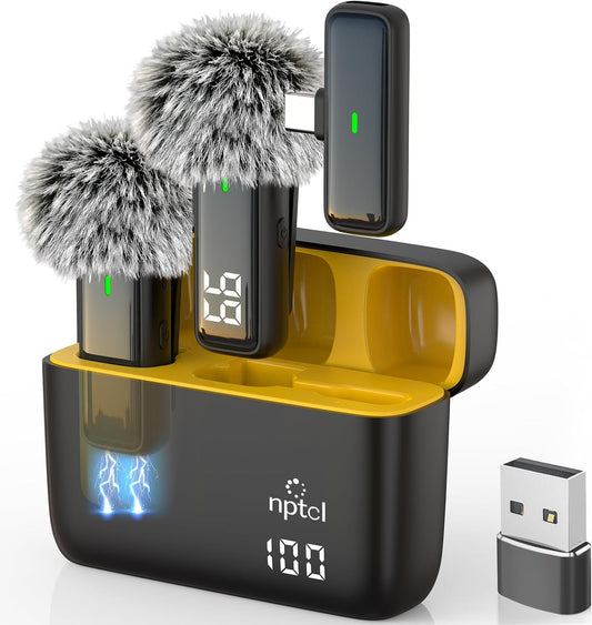 NPTCL Wireless Microphone for iPhone 17/16/15 PC Laptop Computer Android | Noise Canceling, 24H Charging Case, LED Charge Display, Mini Clip Mic for Video Recording Vlog Podcast Youtube, USB & USB C