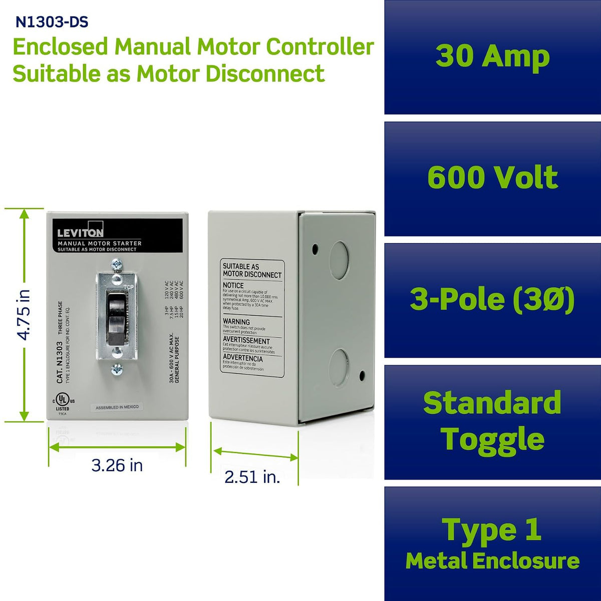 Leviton 30 Amp, 600 Volt, Toggle Three-Pole AC Motor Starter, Suitable as Motor Disconnect, In Type 1 Metal Enclosure, Industrial Grade, Grounded, N1303-DS, Gray