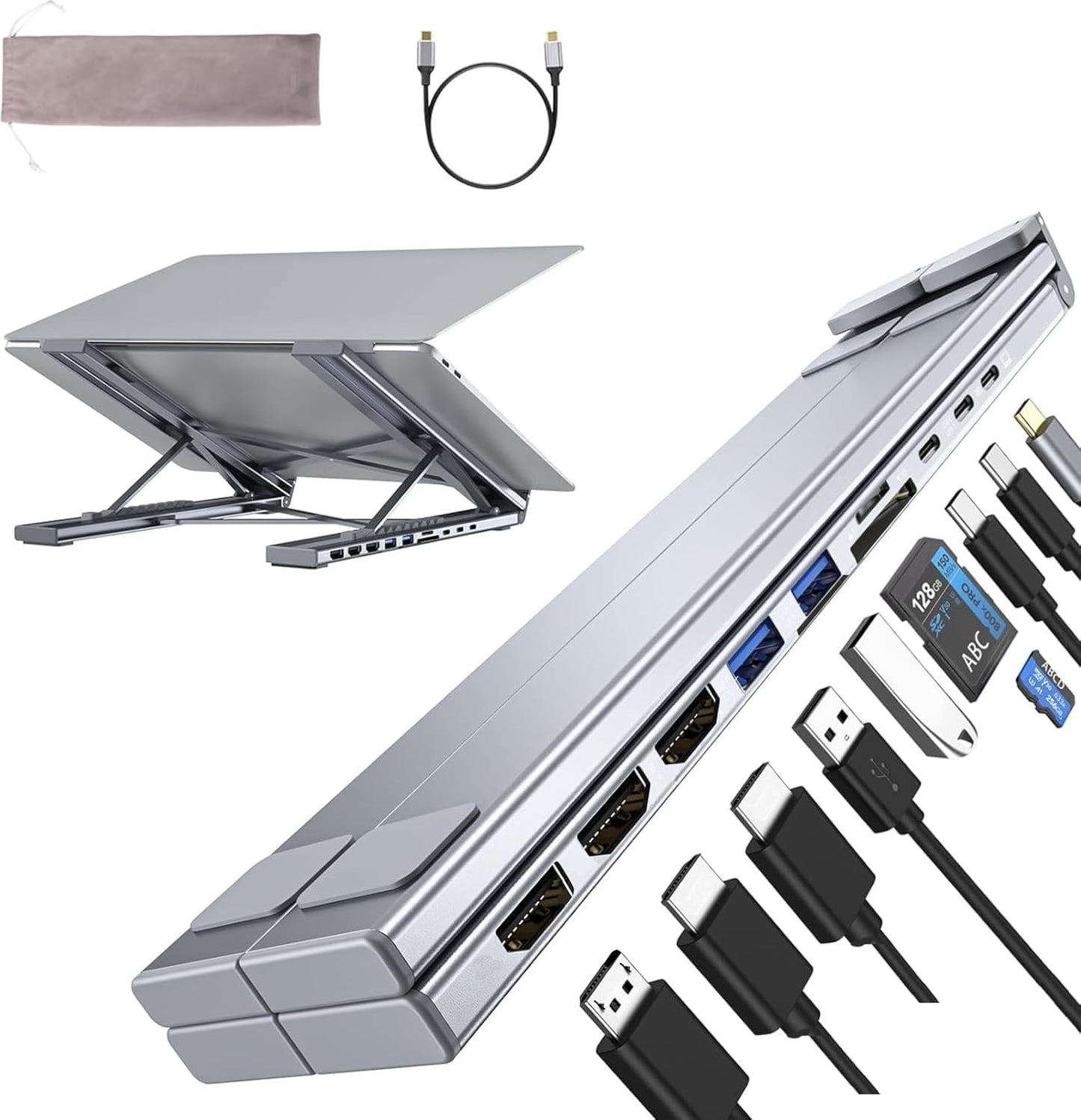 Laptop Stand with Docking Station, 8 in 1 USB C Hub HDMI Portable Laptop Stand for Desk with USB Ports, Multiport USBC Dock Stands Foldable Adjustable Computer Riser Holder Dongle for MacBook