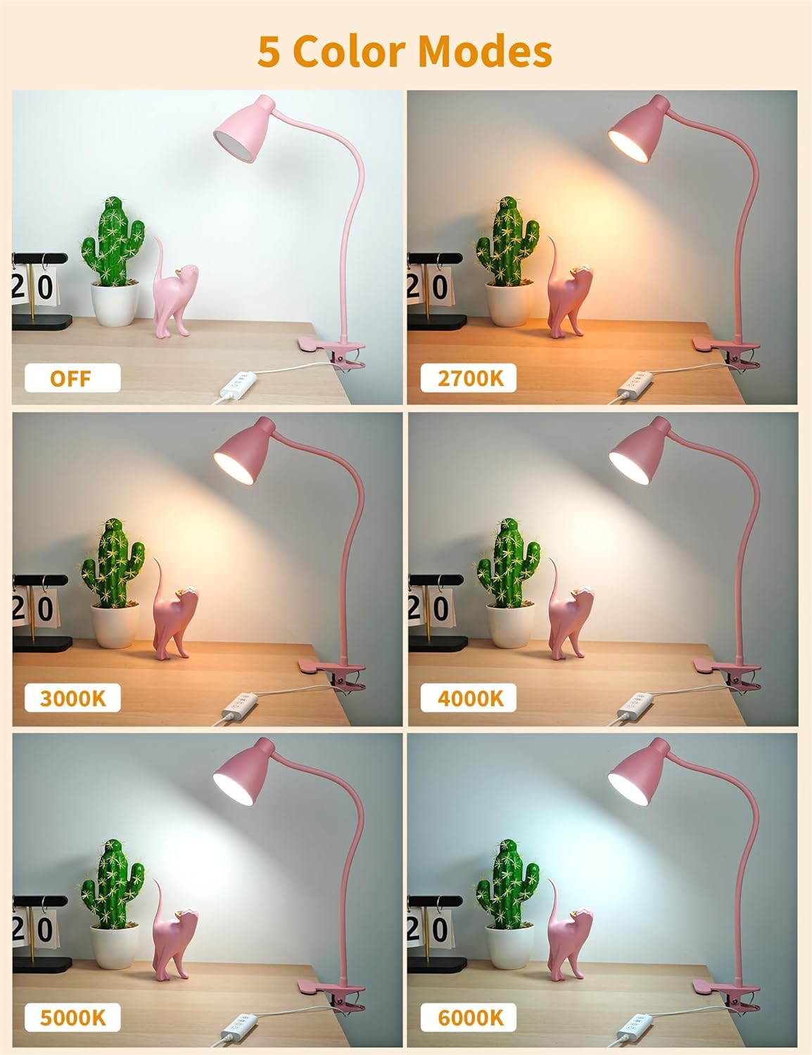 BOHON Cute Desk Lamp with Clamp Clip on Light, 5 Color 10 Brightness, Pink