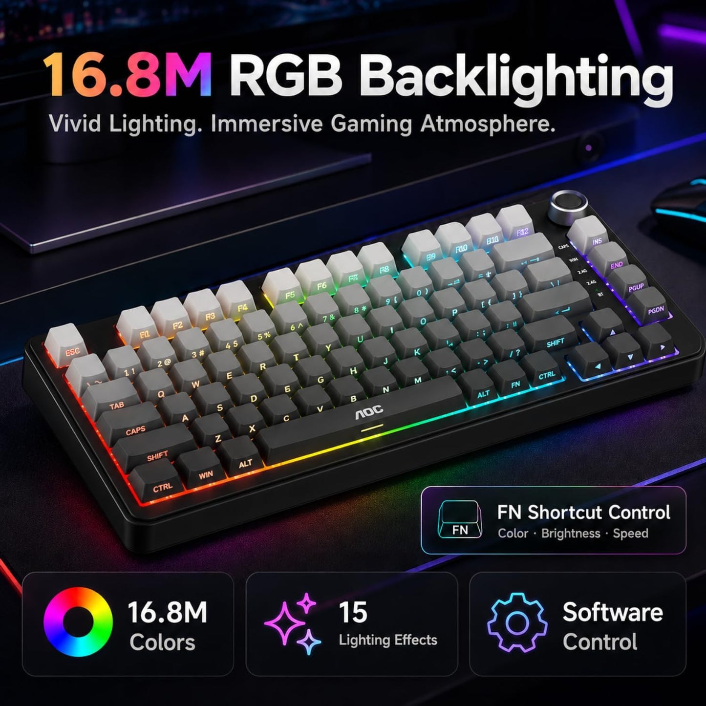 AOC GK330 75% Wireless Mechanical Gaming Keyboard, Hot-Swappable 3-Mode RGB | BT/2.4GHz/USB-C Connectivity, Pre-Lubed Reaper Switches, Anti-Ghosting, Gasket Mount and 5-Layer Sound-Dampening Padding