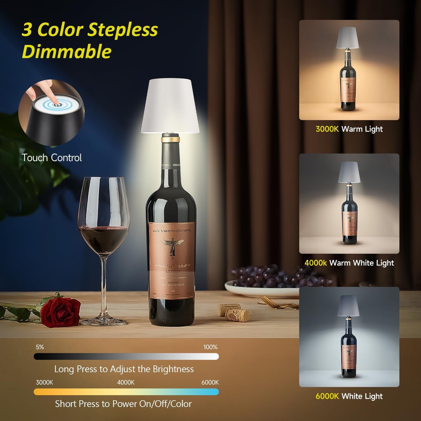 2025 New Wireless Bottle Lamp - LED Bottle Lights for Liquor & Wine Bottles, Cordless Lampshade, Whiskey Bottle Top Light, Bottle Stopper Night Light Kit, Rechargeable 3-Tone Touch-Dimmable 2 PCS