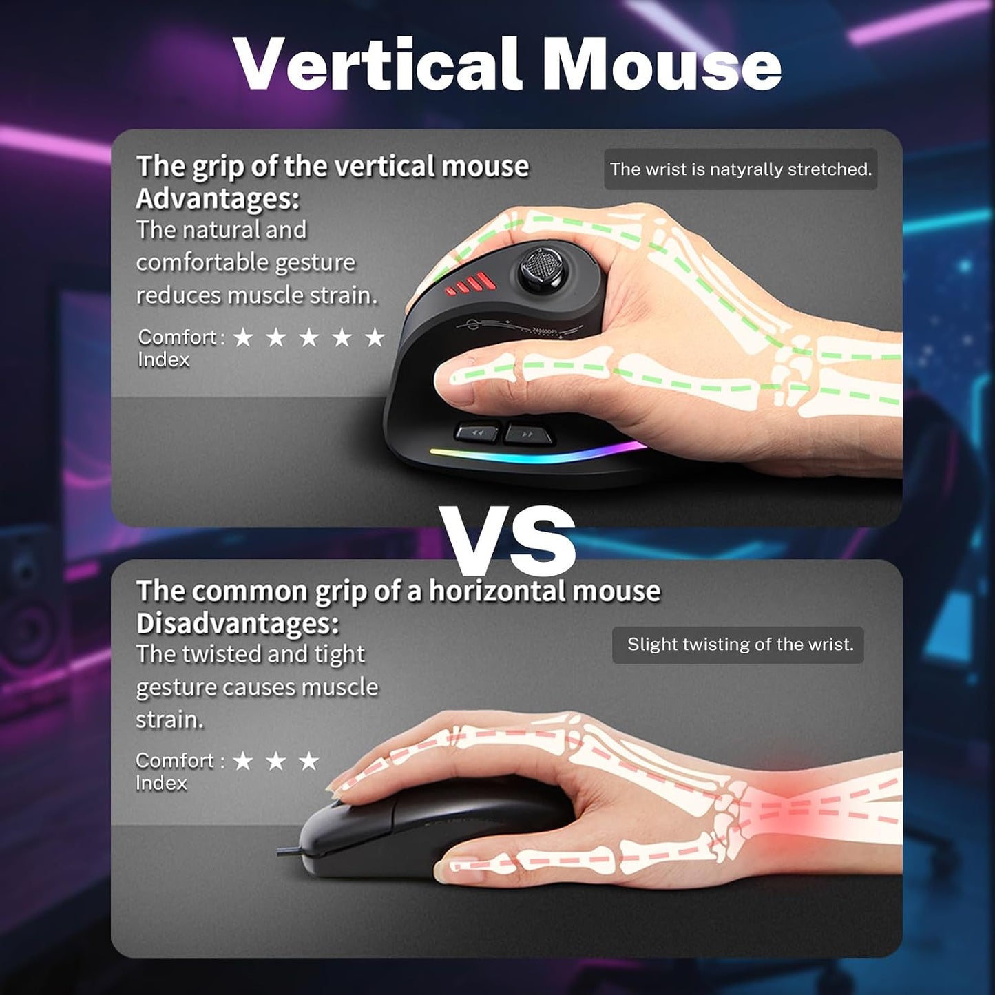 Gaming Mouse with 5 D Rocker, Wireless Vertical Mouse with [24000 DPI] [12 Programmable Buttons], Computer Mouse for Gamer/PC/E-Sports/Laptop (Black)