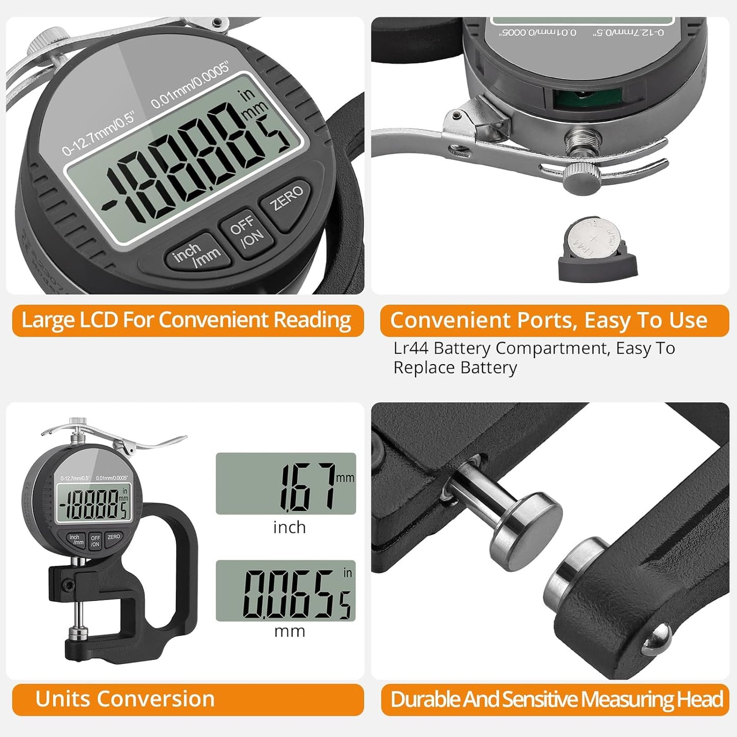 Neoteck Digital Thickness Gauge 0.5inch/12.7mm,0.0005inch/0.01mm Accuracy | with LCD Display, Inch/MM Conversion ,One-Hand Quick Press Thickness Measuring Tool for Leather Paper Fabric Film -Grey