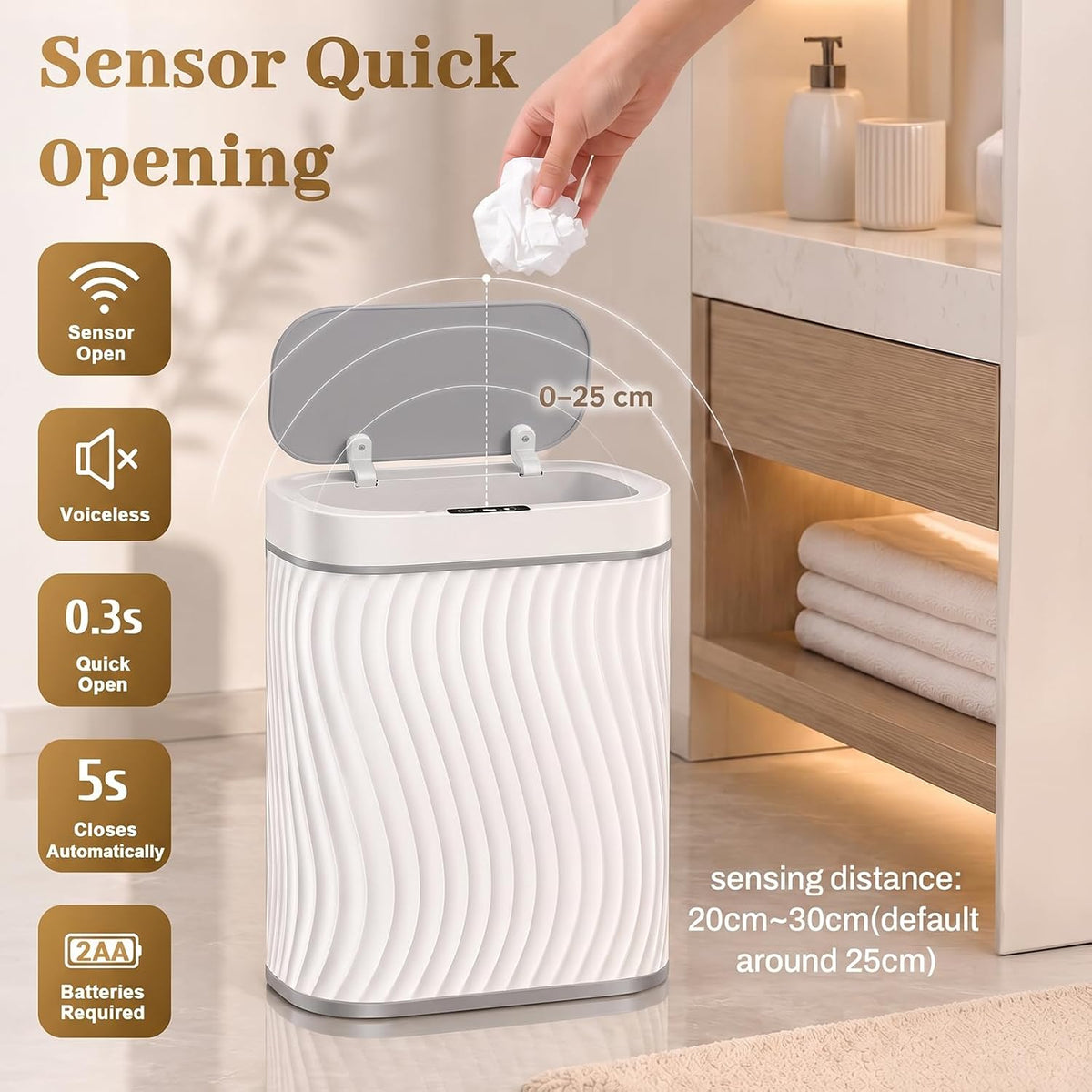 2.6 Gallon Automatic Bathroom Trash Can with Touchless Lid, White Grey