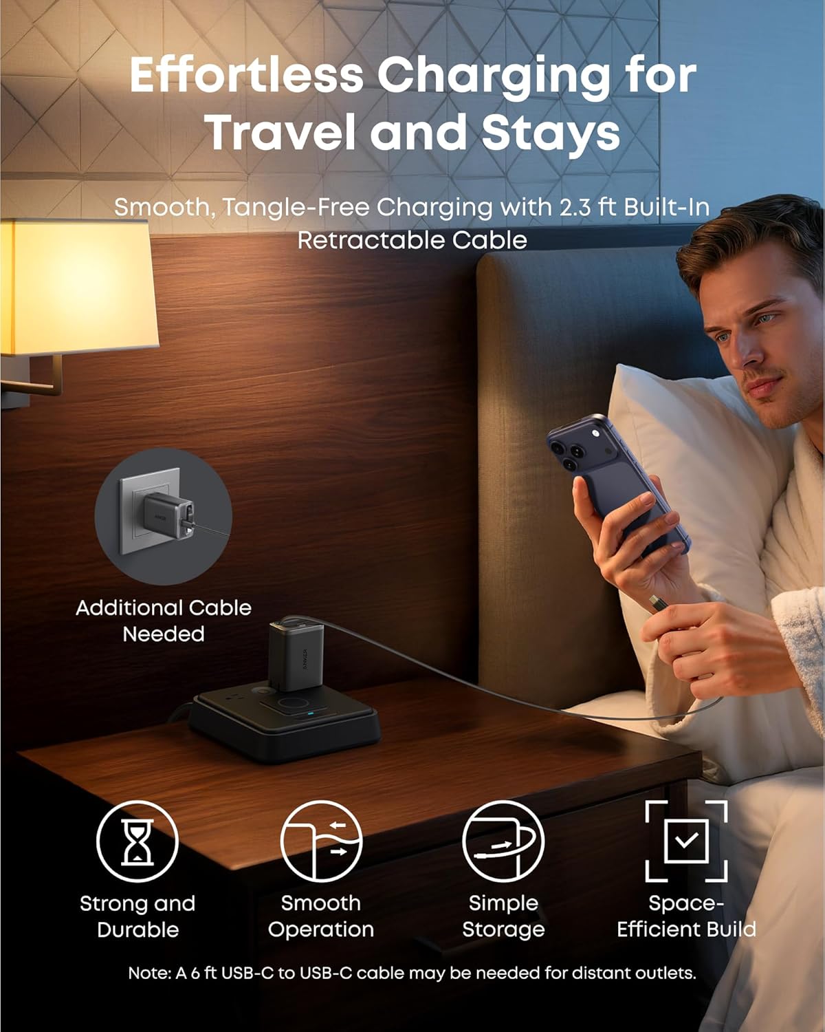 Anker Nano Retractable USB C Charger Block, Compact 35W Phone Charger | 2-Port Charger with Durable Built-in Anker InstaCord Retractable Cable, for iPhone 17/16/15, iPad(Black,Non-Battery)