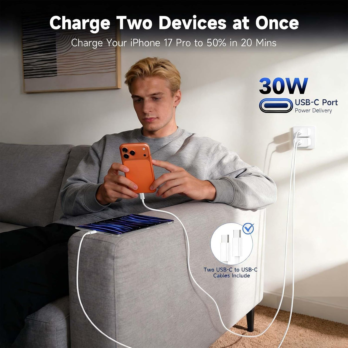 30W USB C Charger Block 2-Pack with 6FT 60W USB C to USB C Cable for iPhone | Built-In Smart Chip Full Safety Protection, for Bedroom & Office, Compatible with iPhone 17/16/15 Series, iPad Samsung Galaxy