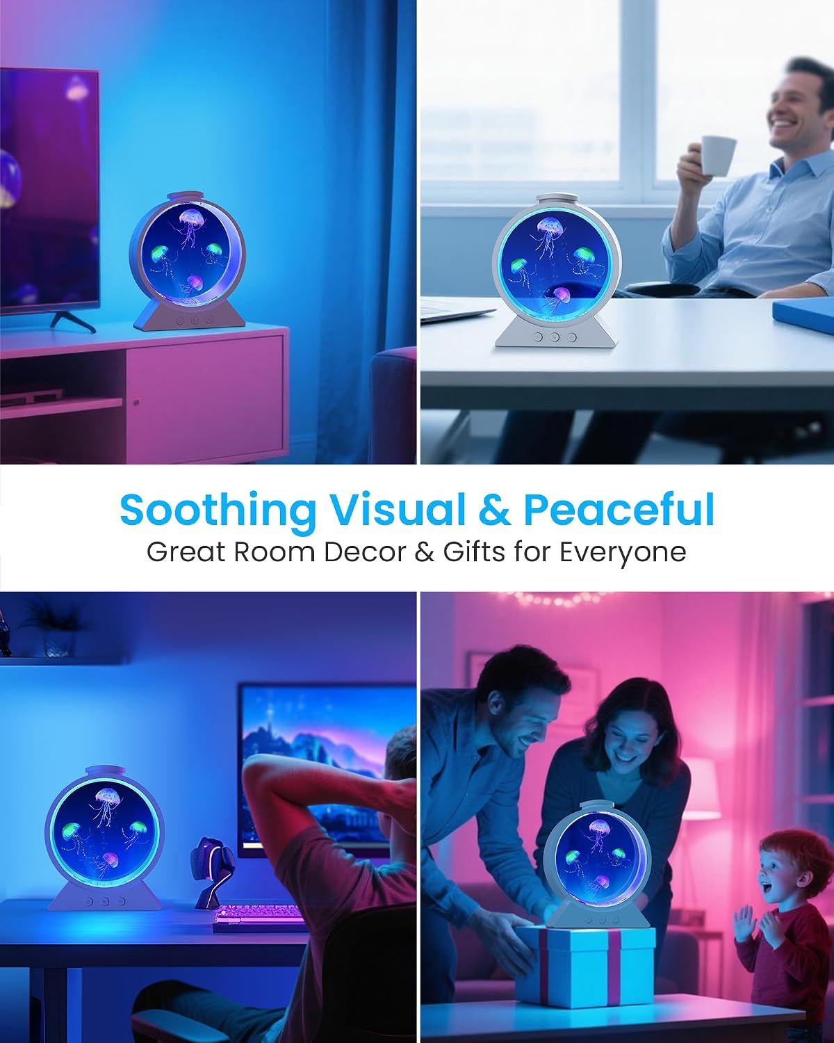 Jellyfish Lamp for Sleep Anxiety Calming Night Light for Bedroom(White) | Whisper-Quiet Sensory | 7 Soft Color Modes | Adjustable Water Flow | 8H Auto-Off Timer | Rounded Tank Lamp Gift for All Ages