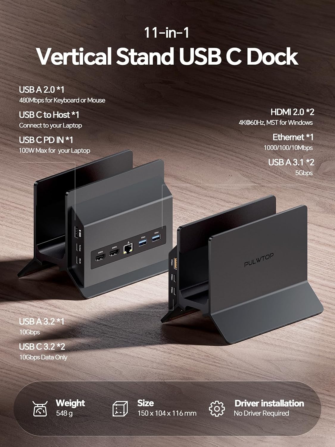 USB C Docking Station Dual Monitor 4K@60Hz, Laptop Dock with Vertical Stand