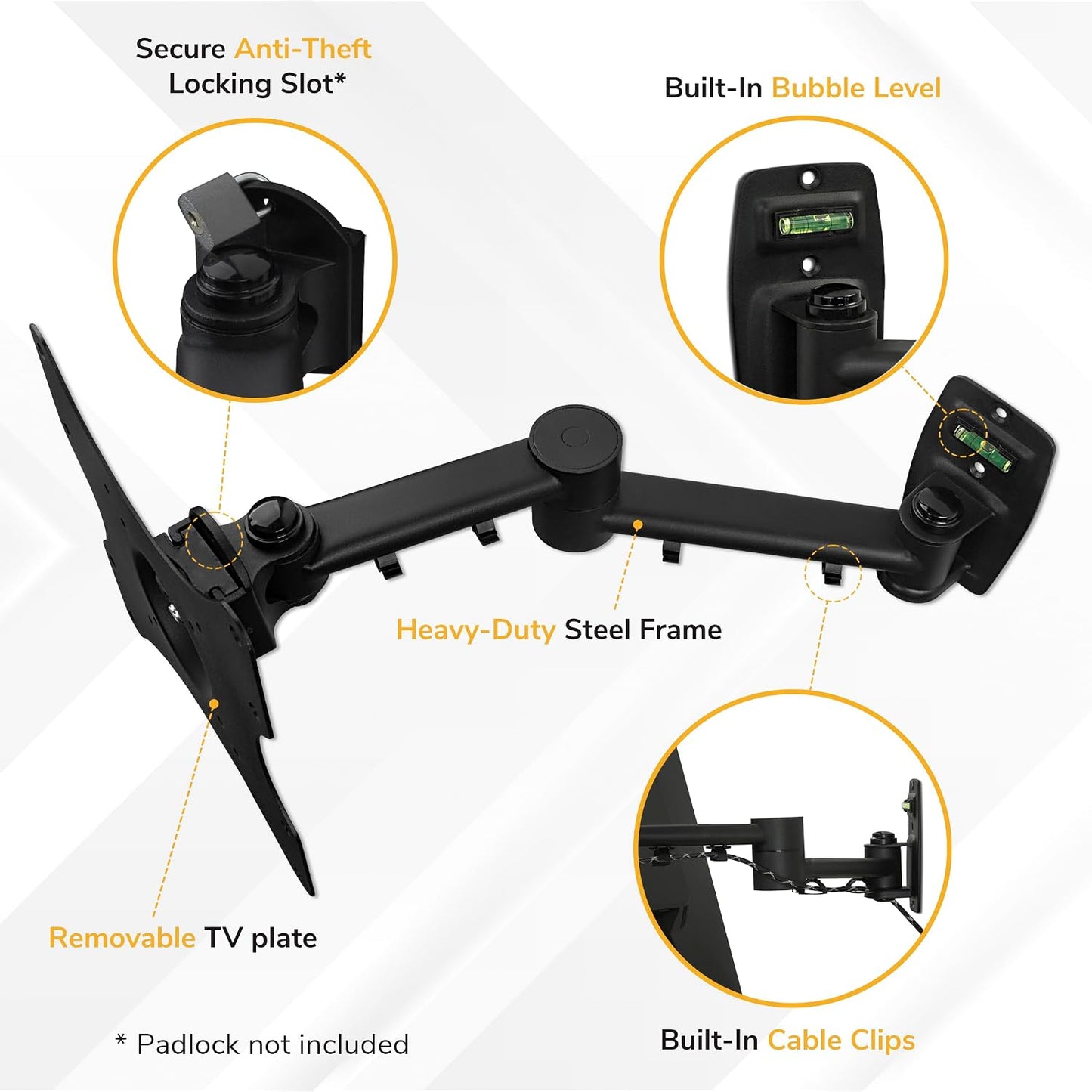 Mount-It! Full Motion TV Wall Mount Bracket for 13-42” Screens – 18" Articulating Arm, Quick Release Plate, Tilt Swivel Rotate, Anti-Theft Lock, Single Stud Install, Supports 44 lbs, VESA 75–200