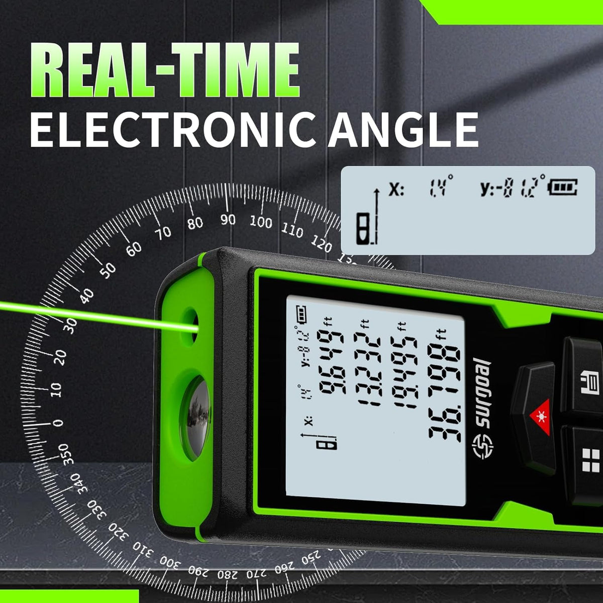 Green Laser Distance Measure USB-C Rechargeable Live XY Angle Sensor | High-Accuracy, Area / Volume / Pythagorean, Ft/In/Ft+In/M Unit Switching, Compact, Home DIY Woodworking Indoor Projects Gift